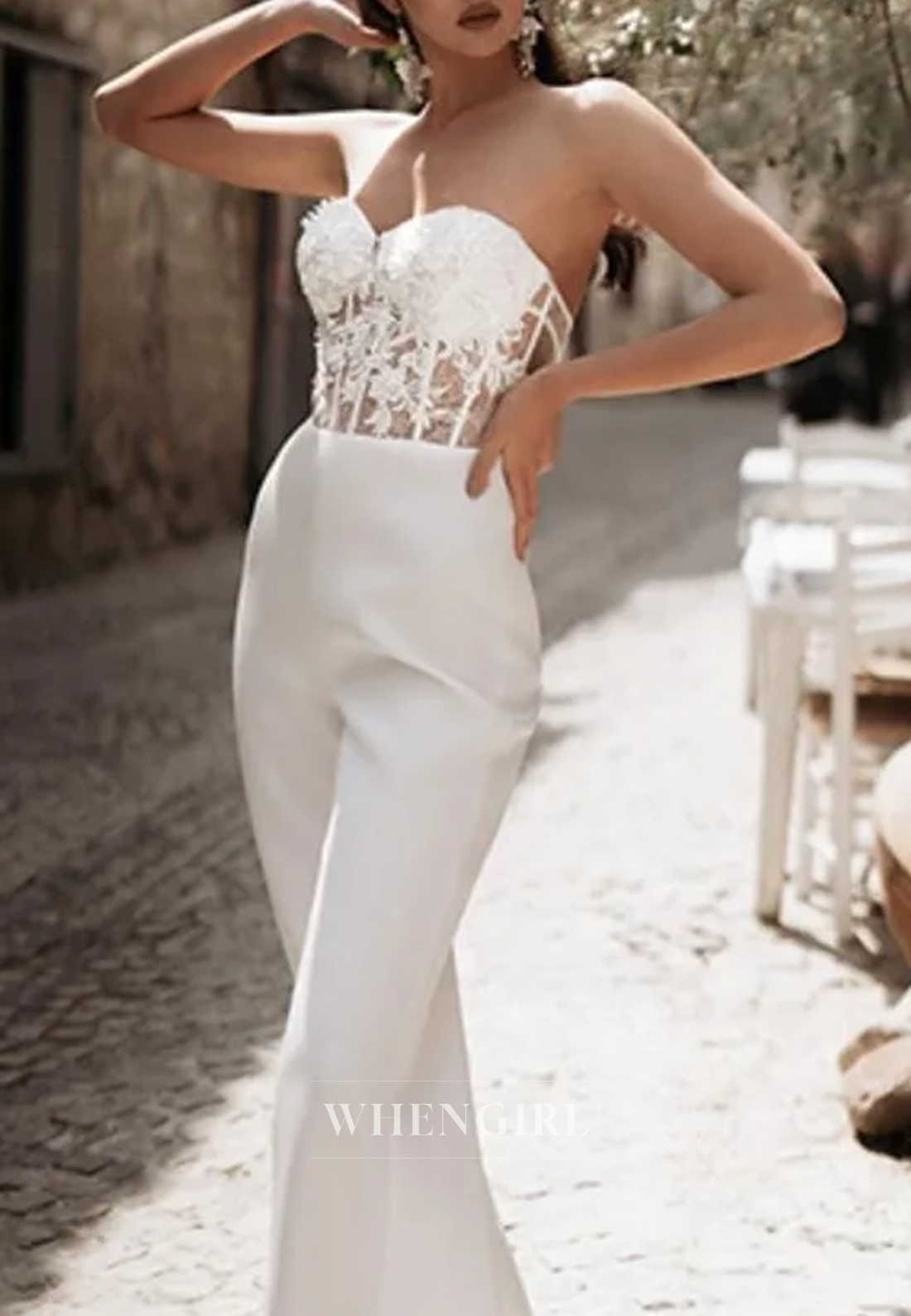 Jumpsuit Sweetheart Sleeveless Detachable Court Train Wedding Dress