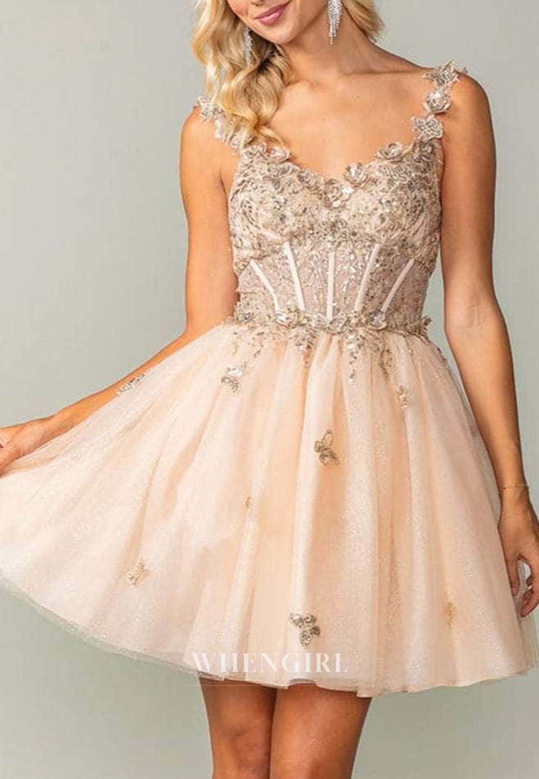 A-Line V Neck Sleeveless Appliqued Butterfly Tulle Short Homecoming Dress