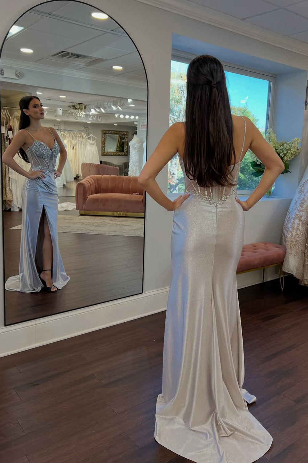 Mermaid V Neck Spaghetti Straps Silver Satin Corset Long Prom Dresses with Slit