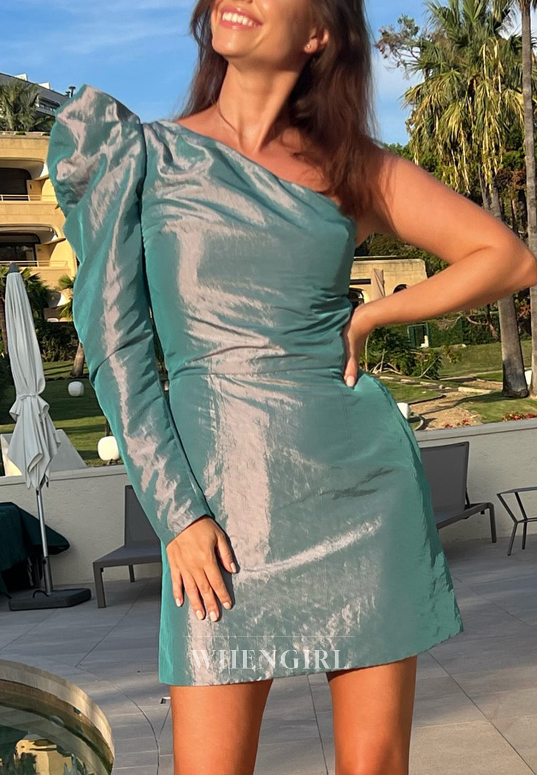 One Shoulder Sheath Long Single Sleeve Short Homecoming Dress