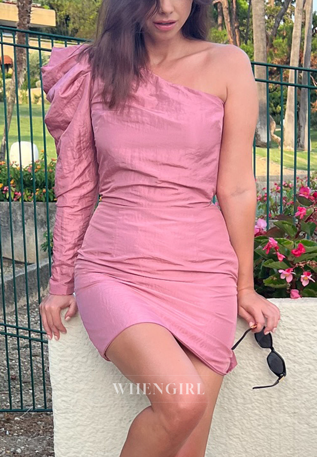 One Shoulder Sheath Long Single Sleeve Short Homecoming Dress
