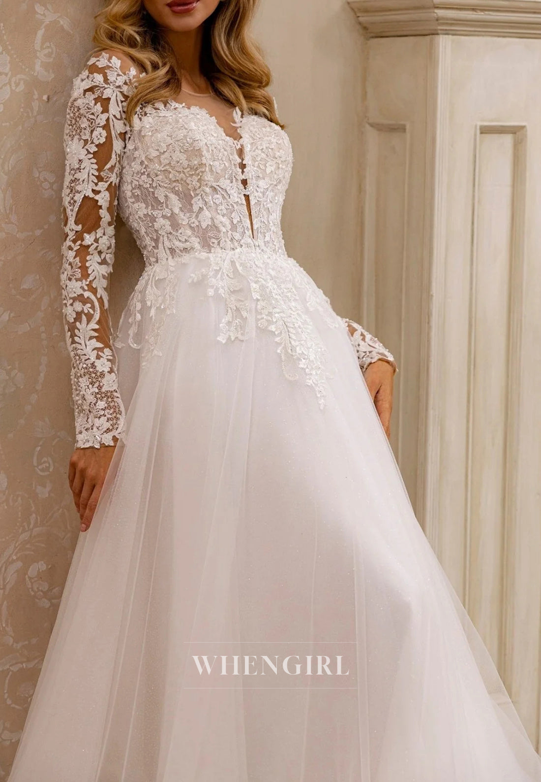 Elegant A-Line Long Sleeves Illusion Neck Wedding Dress with Lace Detail and Court Train