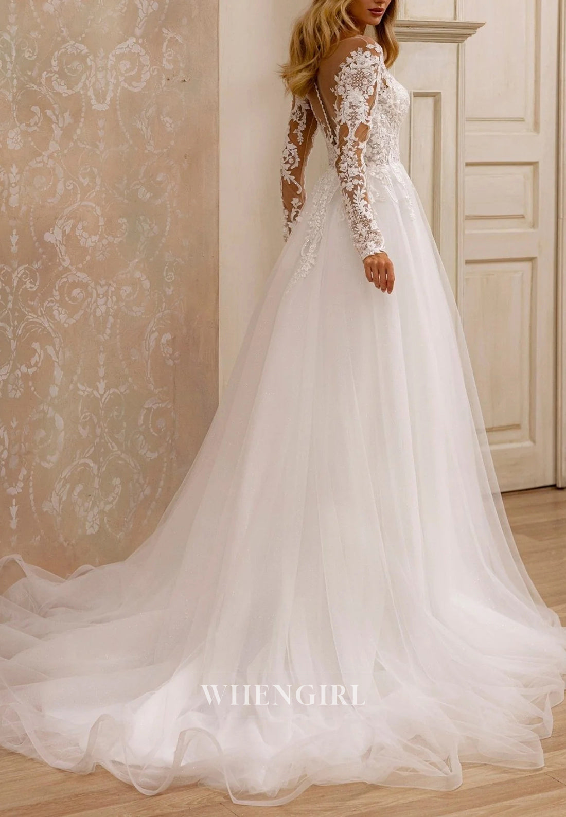 Elegant A-Line Long Sleeves Illusion Neck Wedding Dress with Lace Detail and Court Train