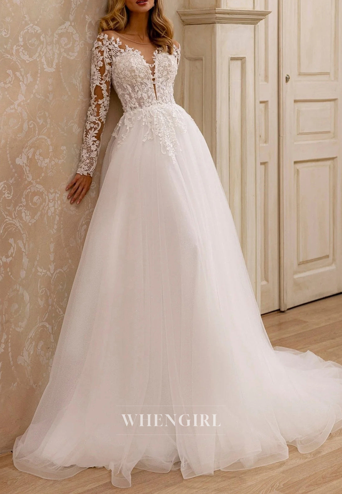 Elegant A-Line Long Sleeves Illusion Neck Wedding Dress with Lace Detail and Court Train