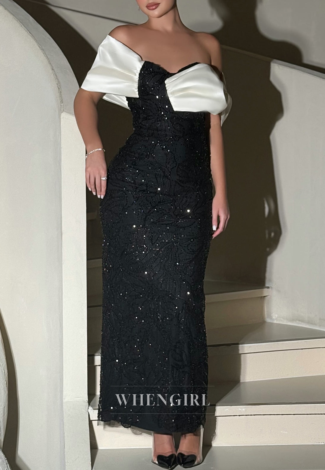 Black Off Shoulder Beaded Sheath Short Sleeves Ankle Length Evevening Dress