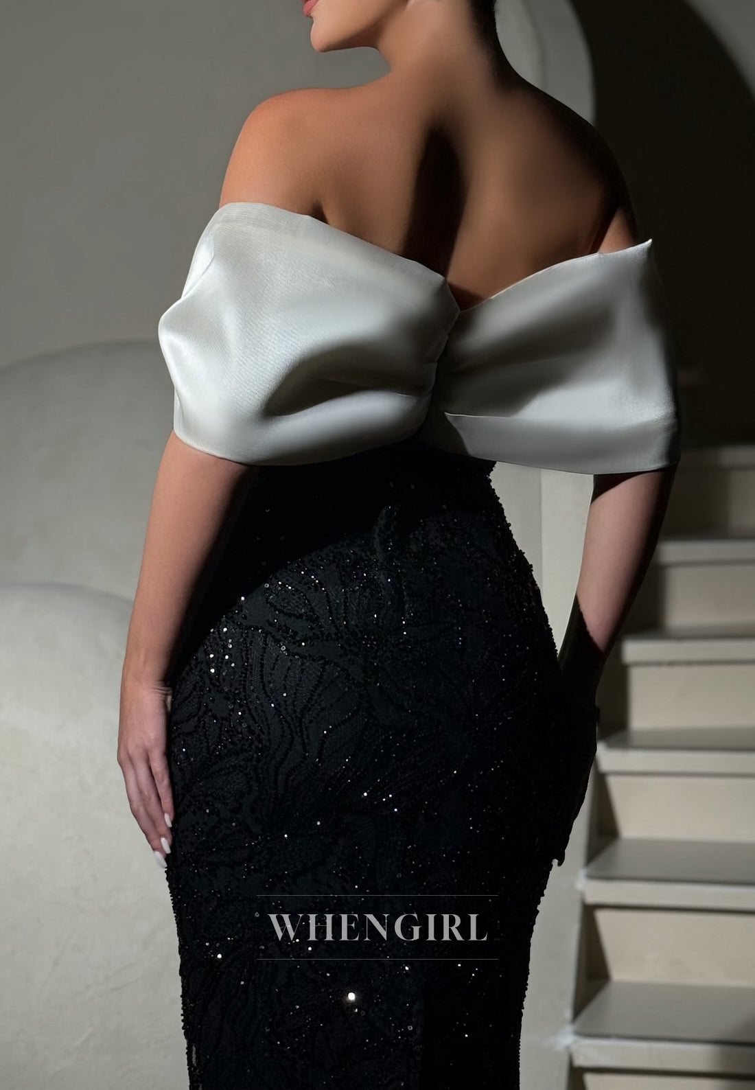 Black Off Shoulder Beaded Sheath Short Sleeves Ankle Length Evevening Dress
