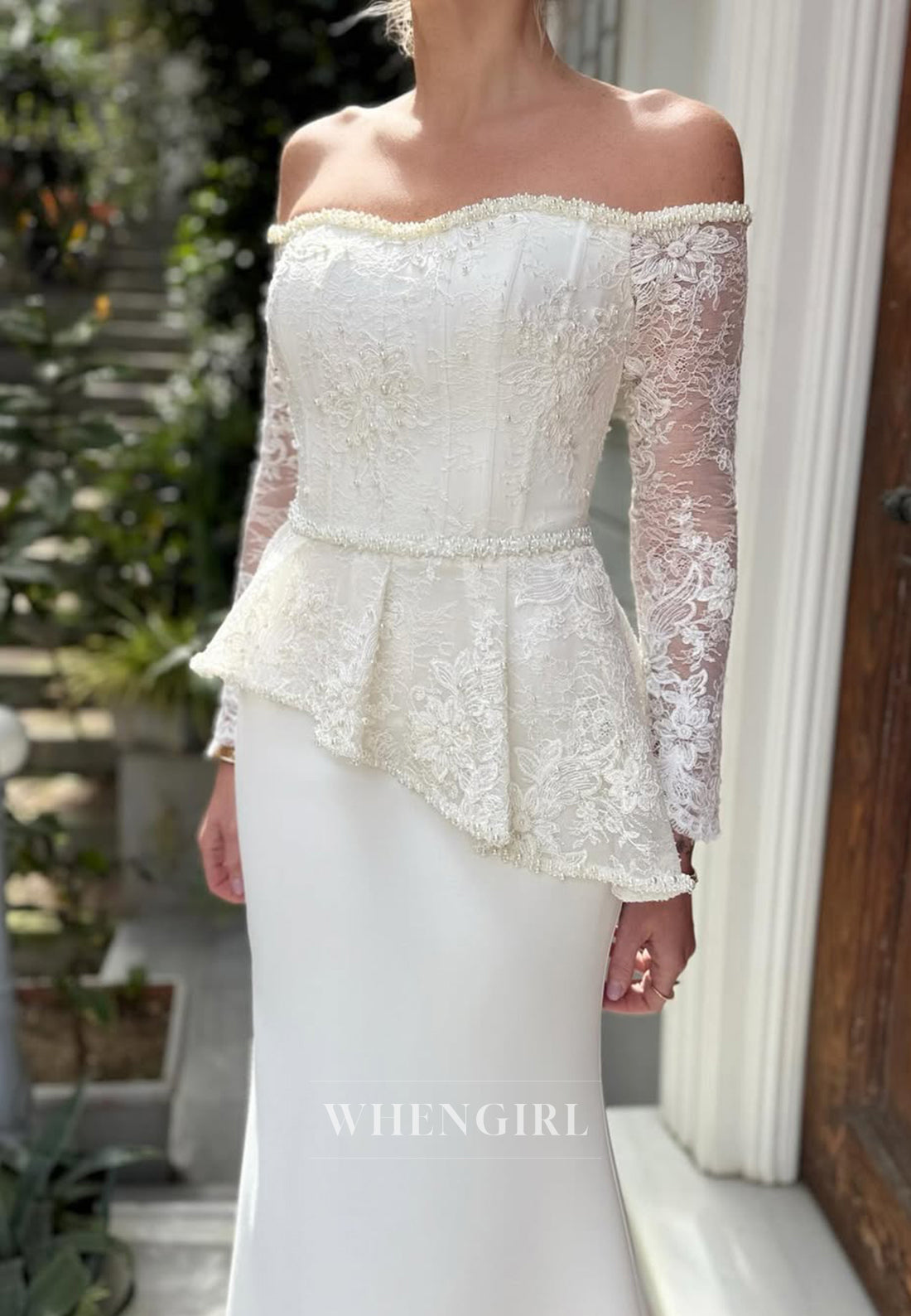Mermaid Floor Length Ruffles Beads Lace Satin Wedding Dress with Long Sleeves