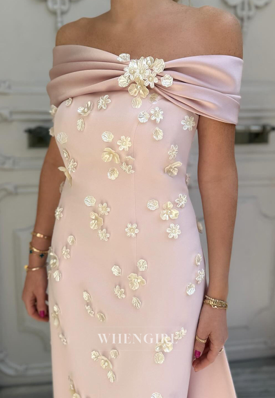 Light Pink Off Shoulder Beaded Floral Sweep Train Sheath Formal Evening Dress