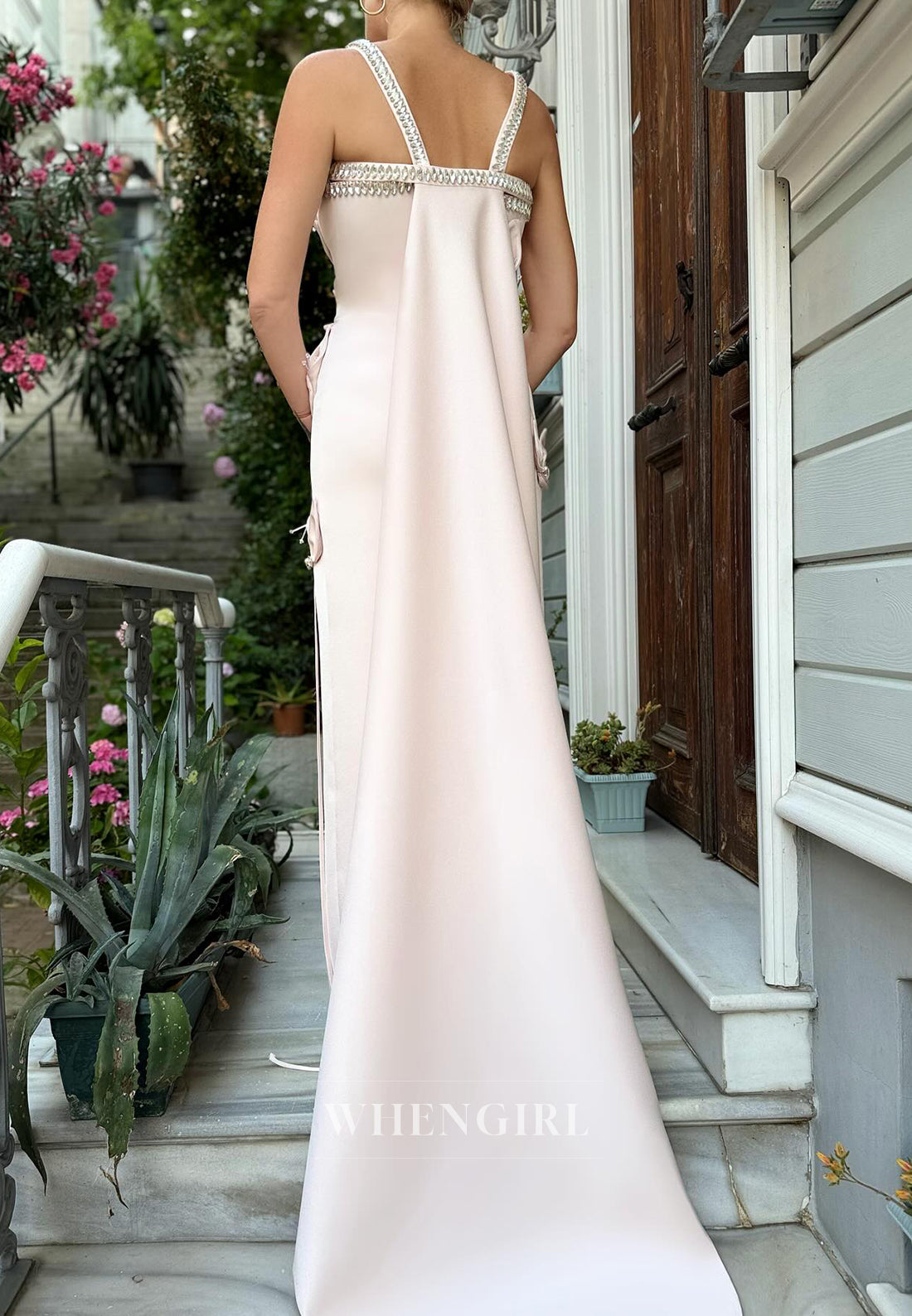 Beige Sheath Sleeveless 3D Flowers Beaded Straps Sweep Train Evening Formal Gown