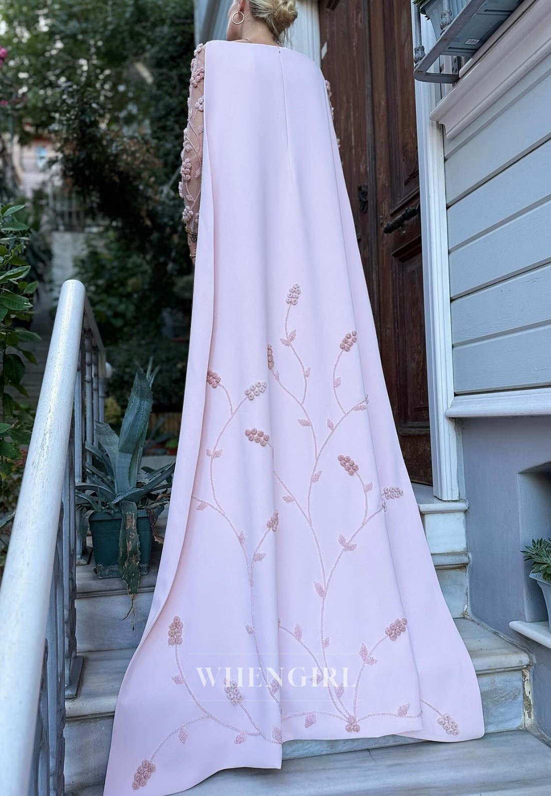 Pink Square Neck Long Sleeves Floral Floor Length Sheath Evening Gown with Shawl