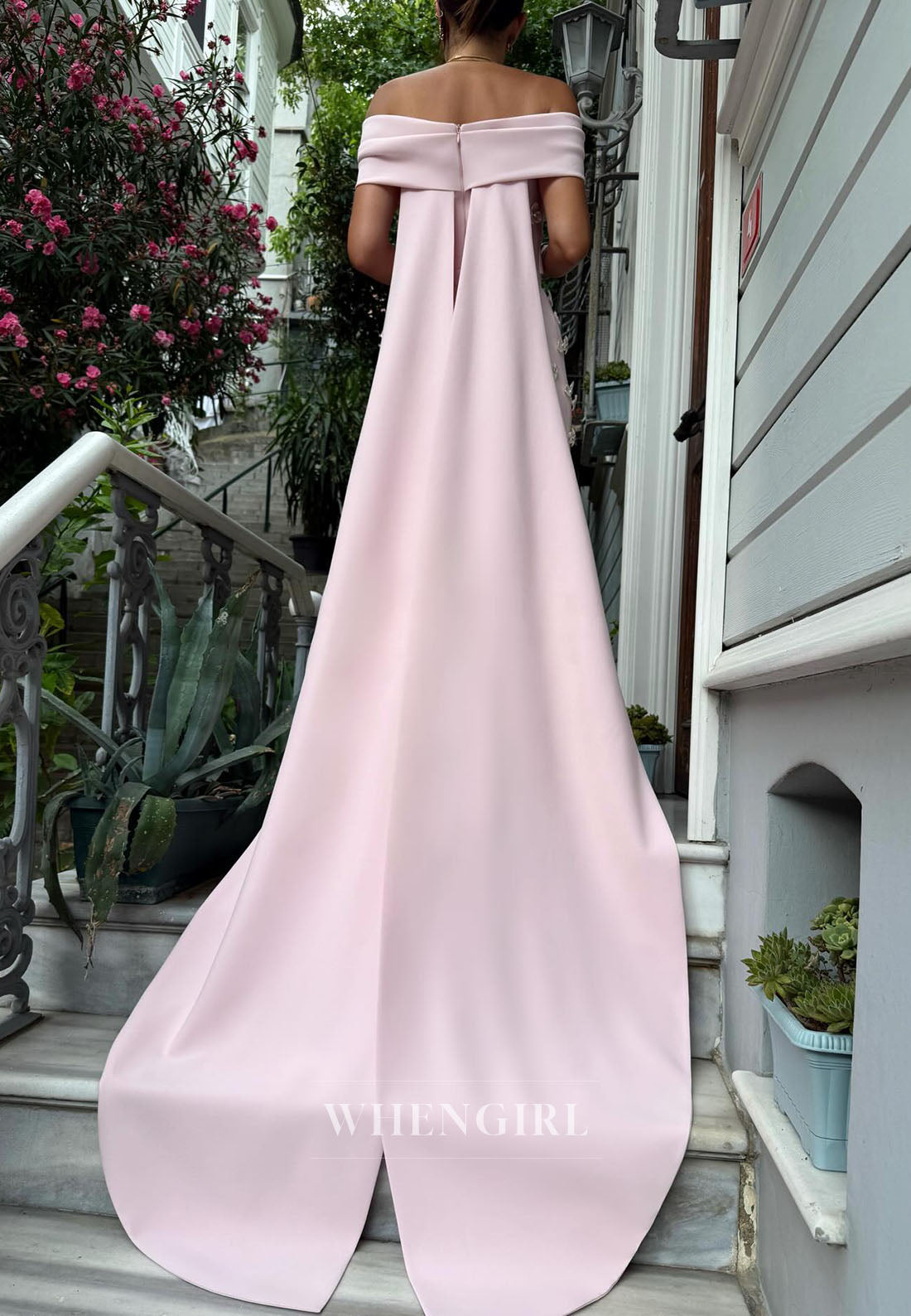 Pink Sheath Off Shoulder Side Slit Floral Evening Formal Dress with Shawl