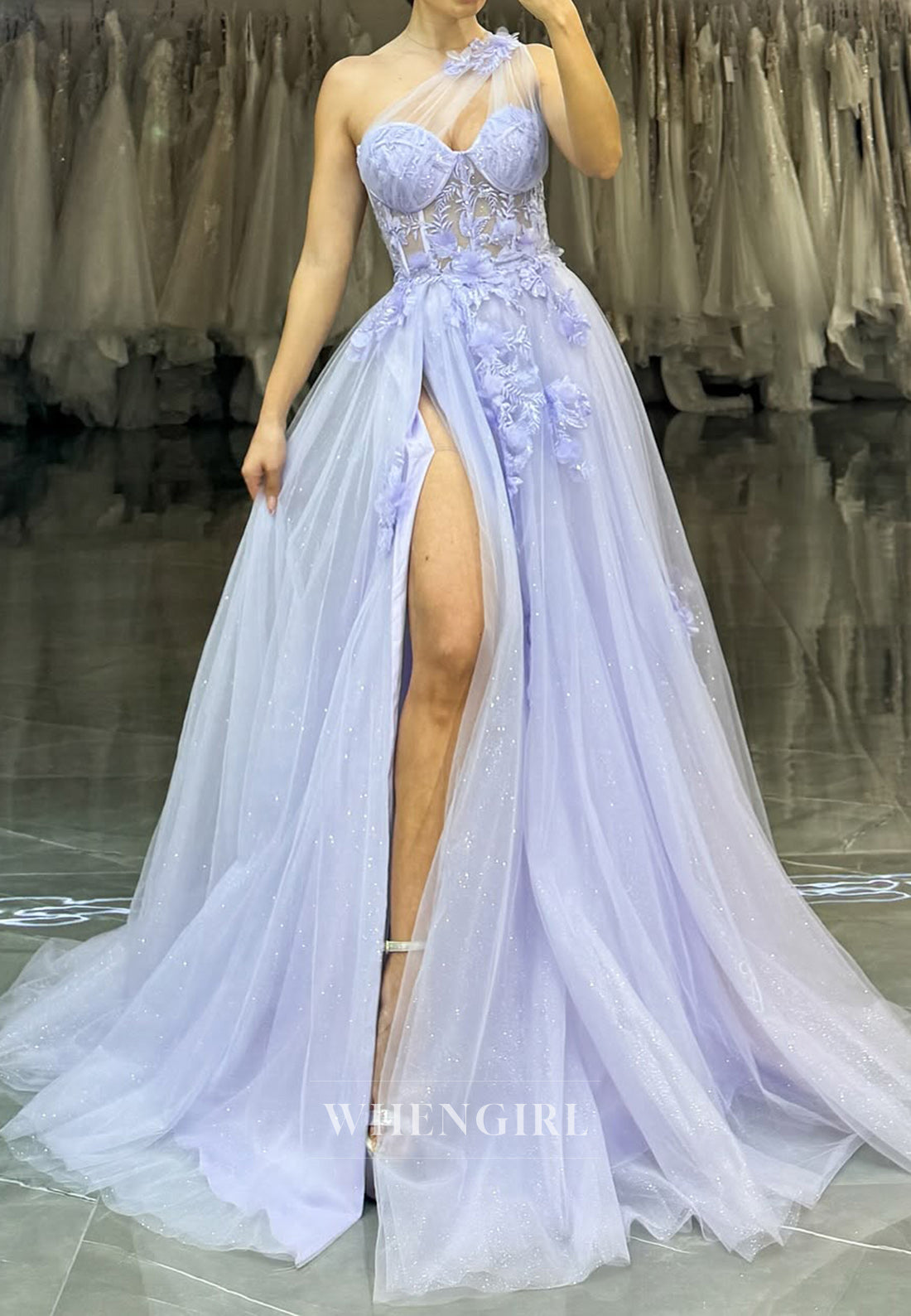 Glamorous A-Line One Shoulder High Slit Pleated Glitter Party Prom Dress with Appliques