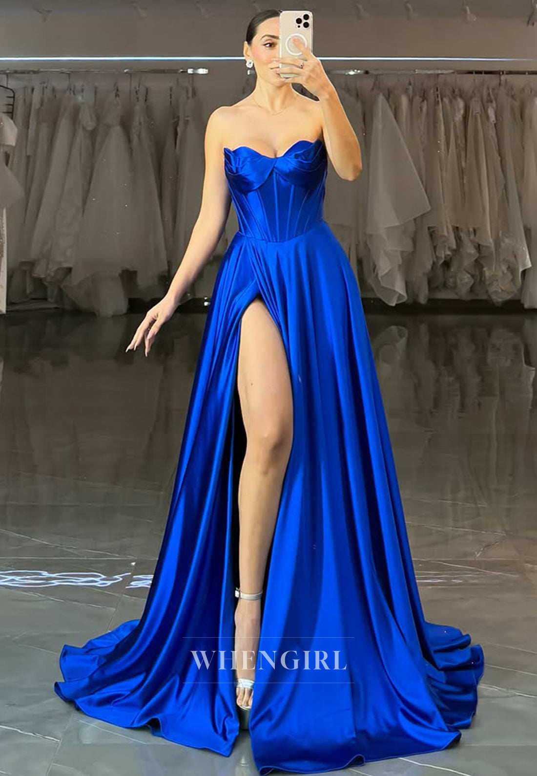 Elegant Royal Blue A-Line Sweetheart Pleated Satin Prom Evening Gowns with High Slit