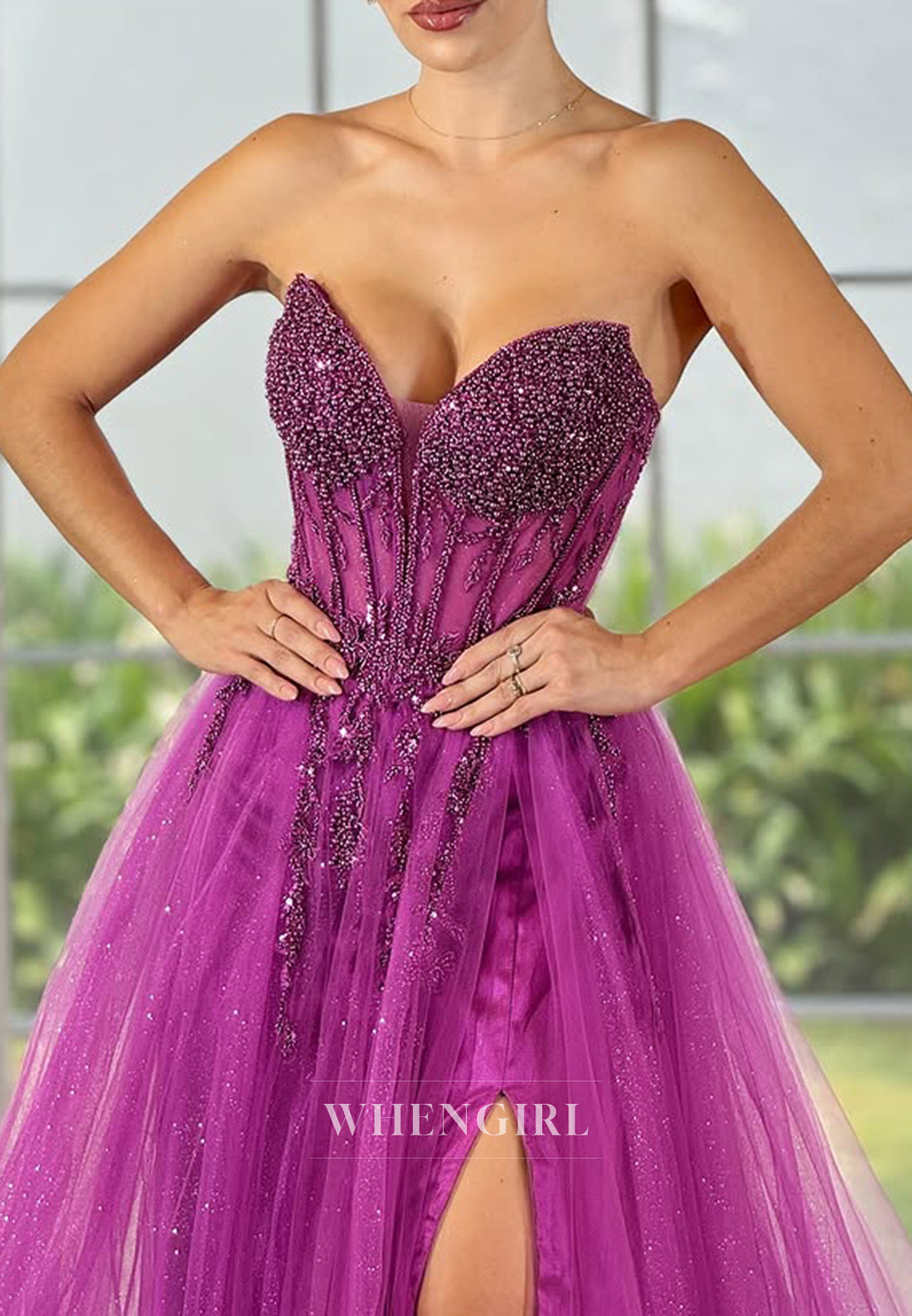 Fuchsia Beaded Sweet Heart Tulle A-Line Formal Evening Dress with Side Slit and Sweep Train