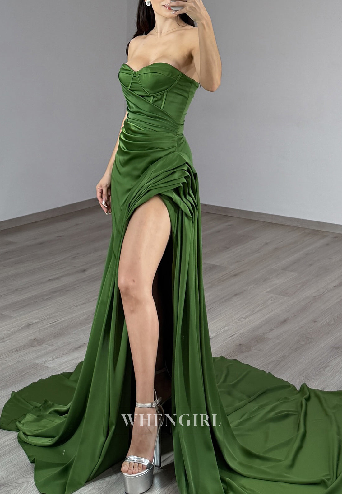 Moss Sheath Sweetheart Sleeveles Pleated Side Slit Court Train Prom Dress