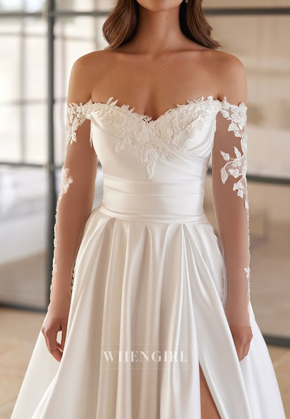 A-Line Satin Side Slit Sweetheart Appliqued Lace Sleeve V Back Wedding Dress with Train