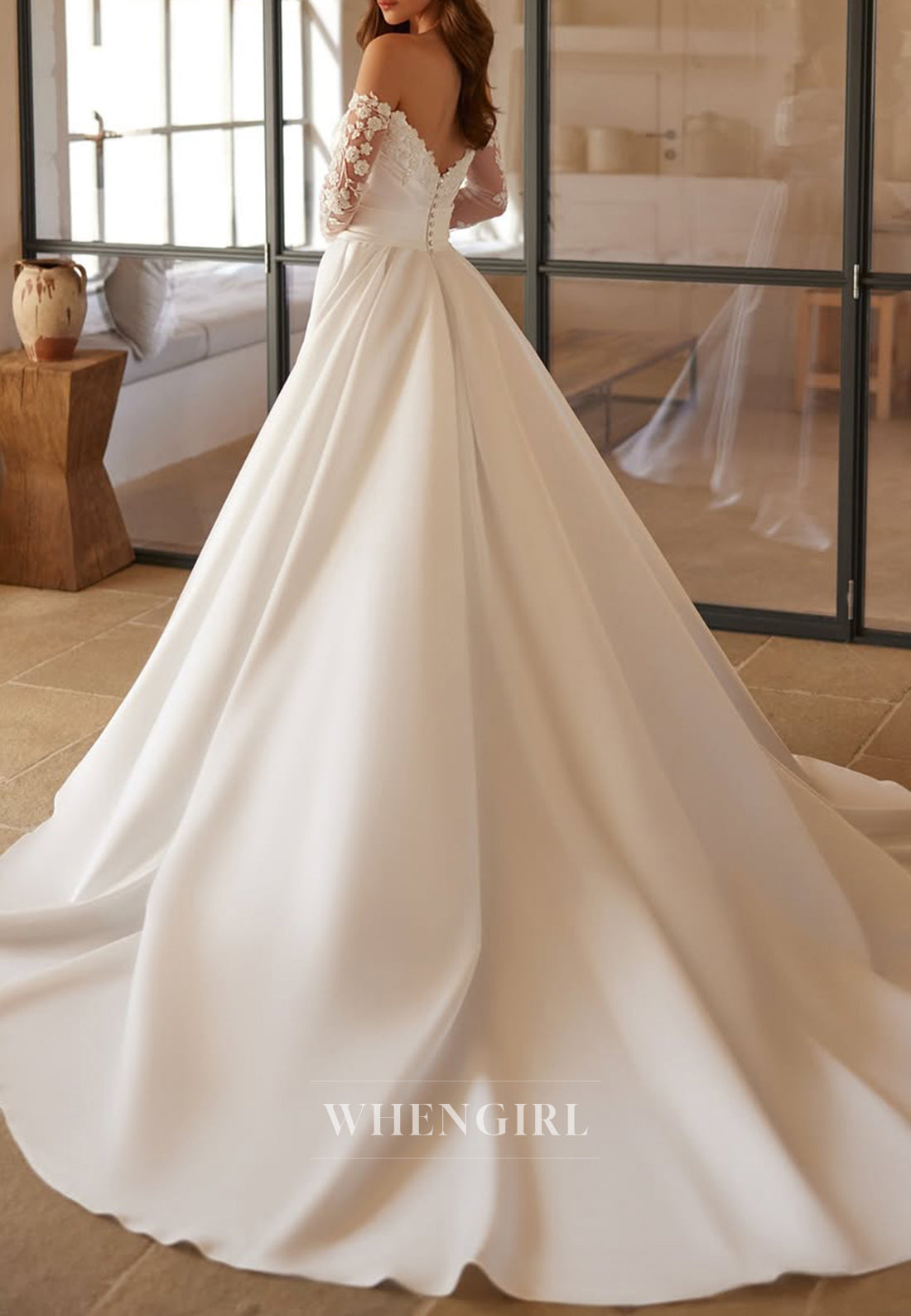 A-Line Satin Side Slit Sweetheart Appliqued Lace Sleeve V Back Wedding Dress with Train