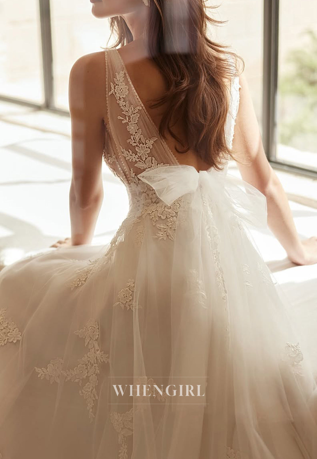 A-line V Neck Tulle Appliqued Beach Wedding Dresses with Train