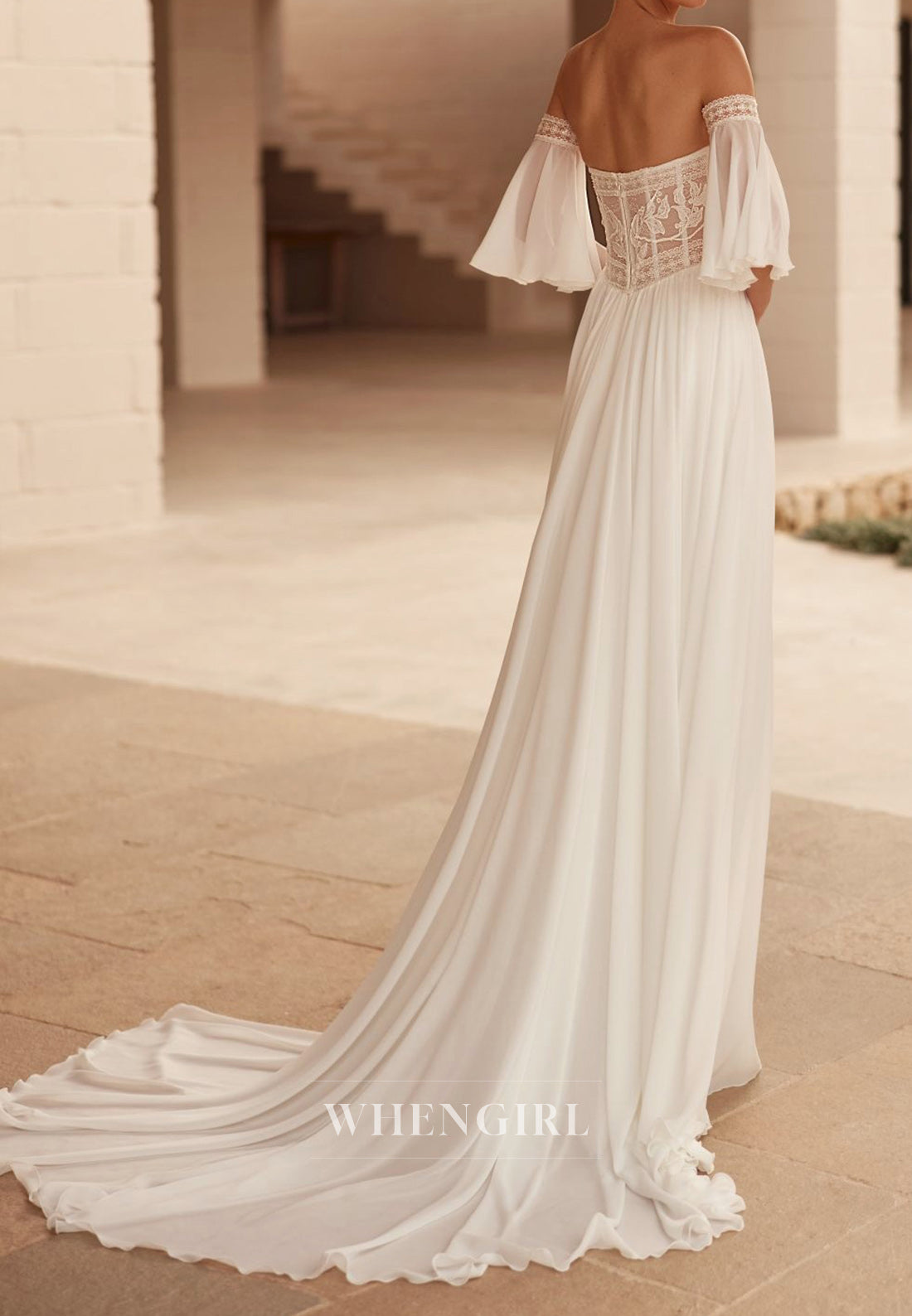 A-Line Side Slit Beach V Neck Chiffon Flutter Sleeves Wedding Dress with Train