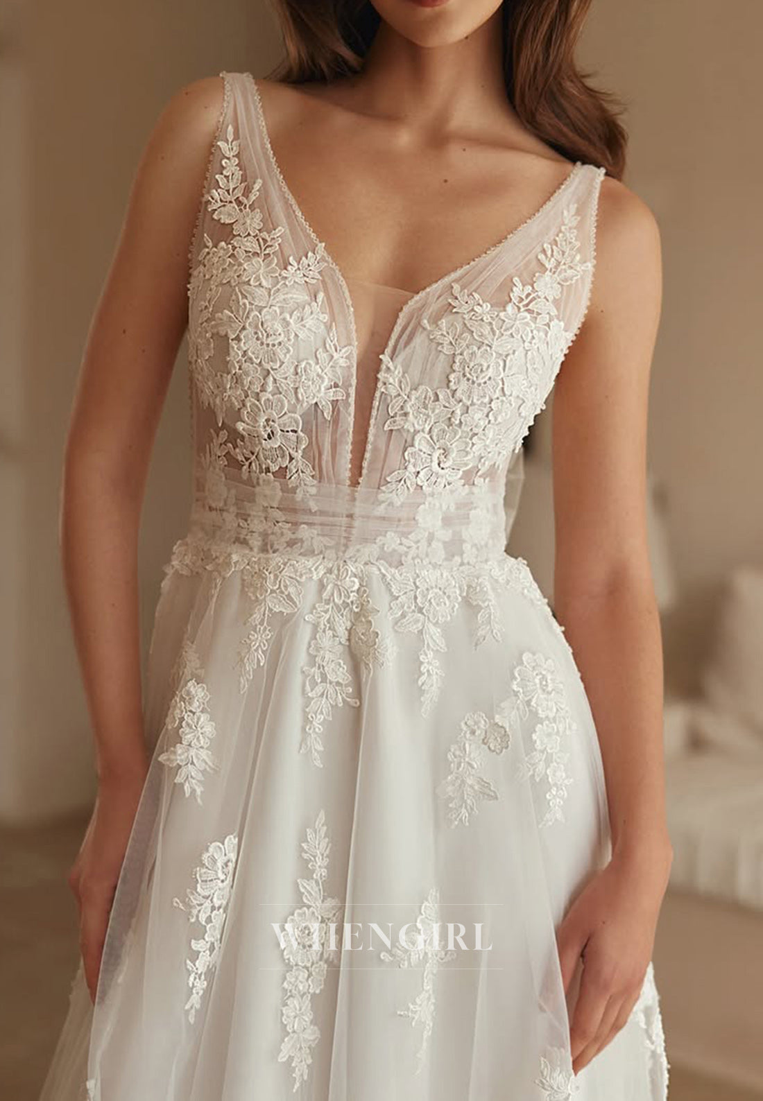 A-line V Neck Tulle Appliqued Beach Wedding Dresses with Train