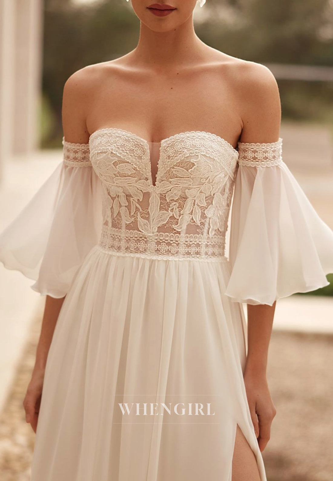 A-Line Side Slit Beach V Neck Chiffon Flutter Sleeves Wedding Dress with Train