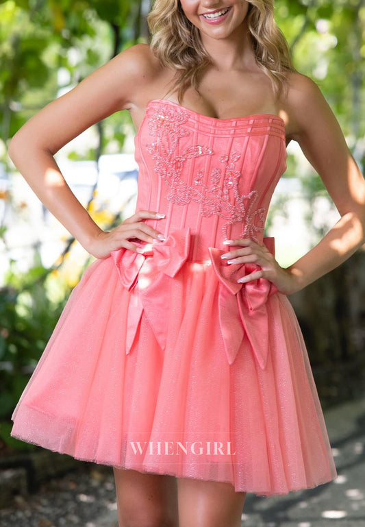 A-line Bowknot Short Sleeveless Strapless Zipper Corset Homecoming Dress