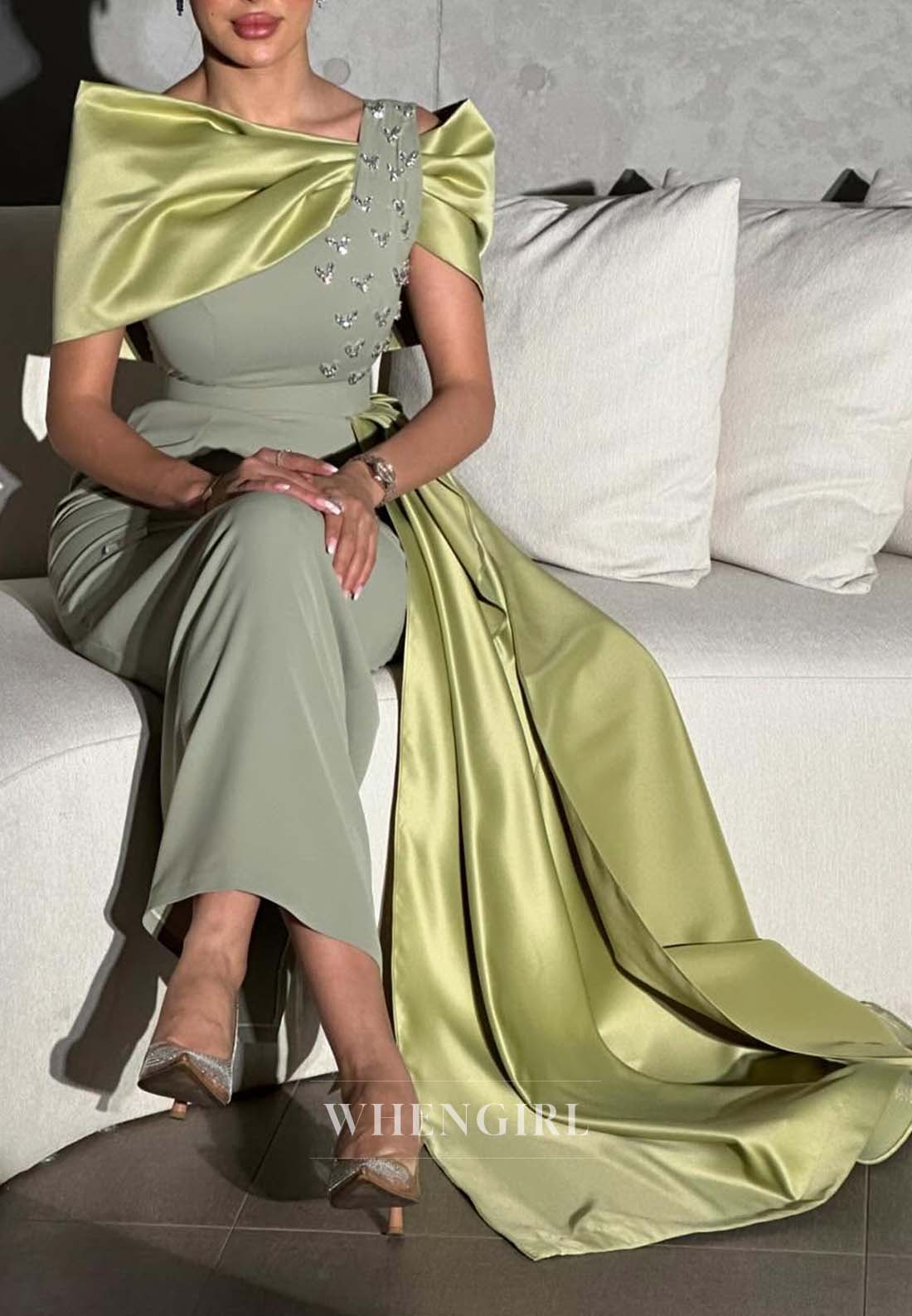 Green Asymmetrical Neck Sheath Beaded Ankle Length Formal Dress Evening Gown with Side Train
