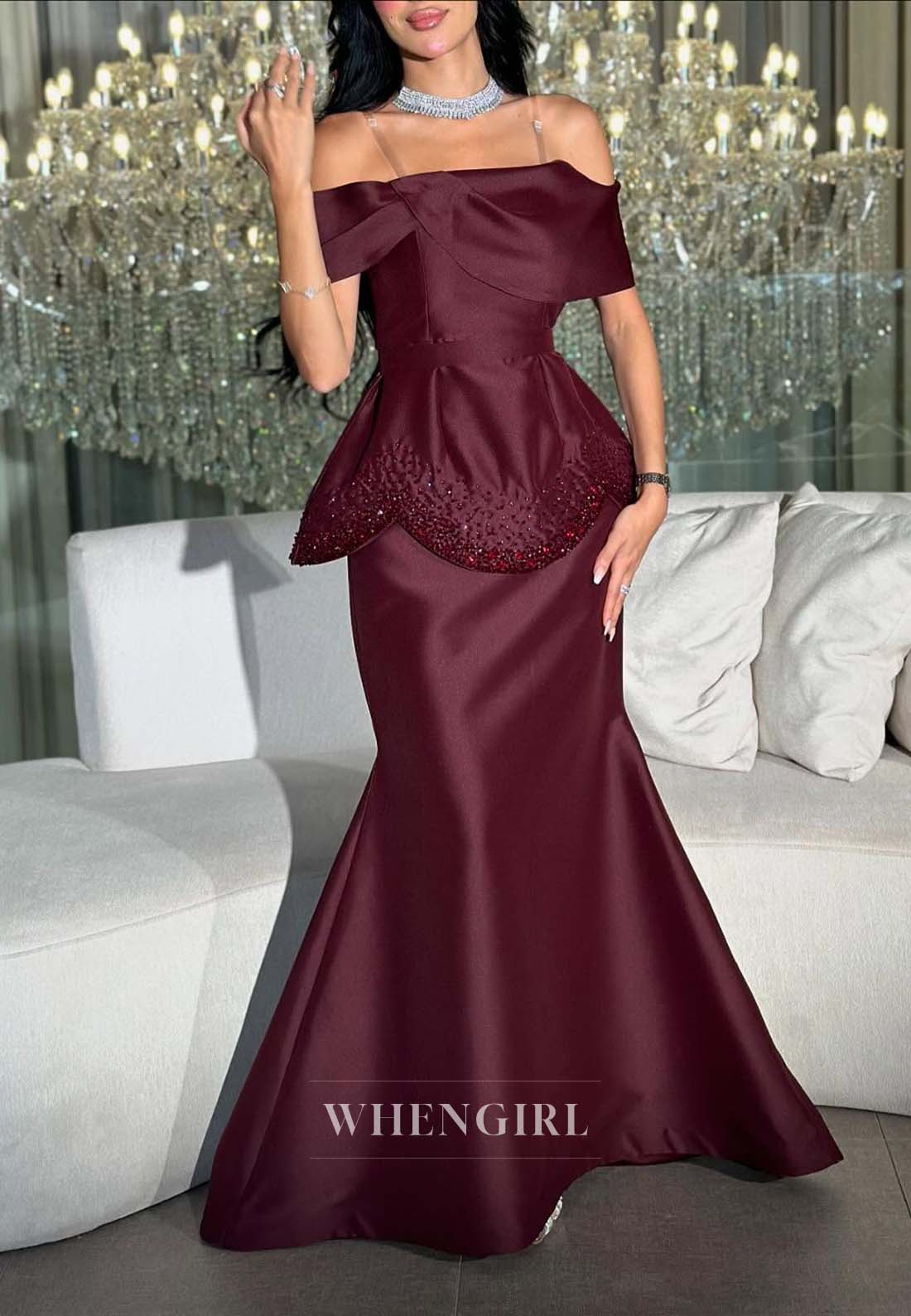 Burgundy Off Shoulder Beaded Mermaid Formal Dress Floor Length Evening Dress