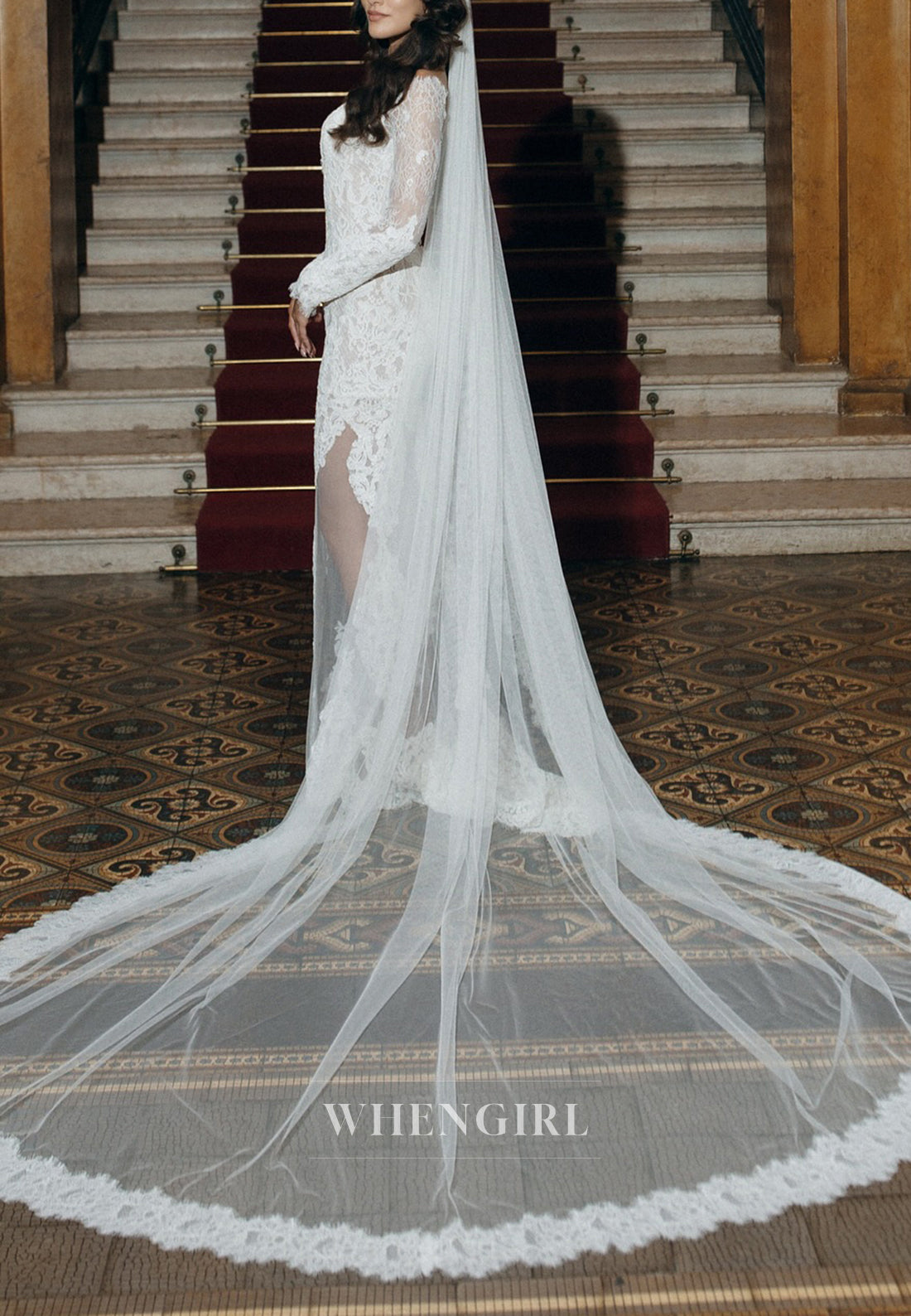 Sheath Bateau Neck Long Sleeves Appliqued Lace Wedding Dress with Sweep Train