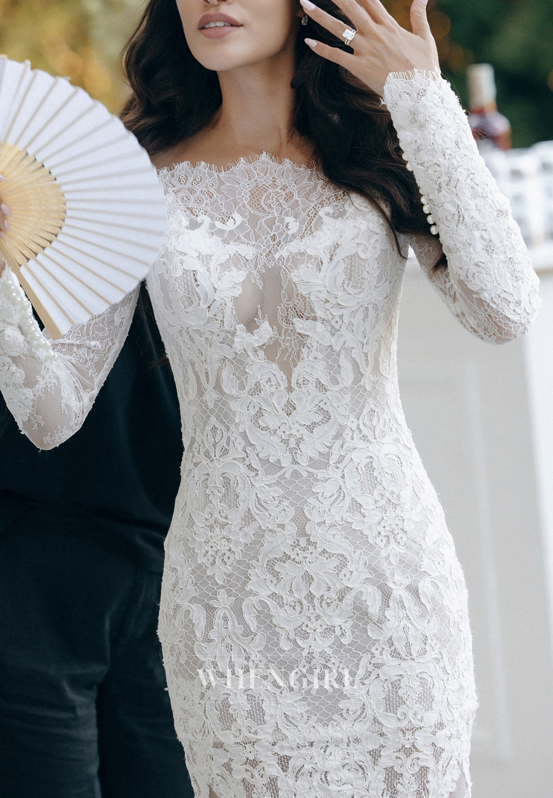 Sheath Bateau Neck Long Sleeves Appliqued Lace Wedding Dress with Sweep Train