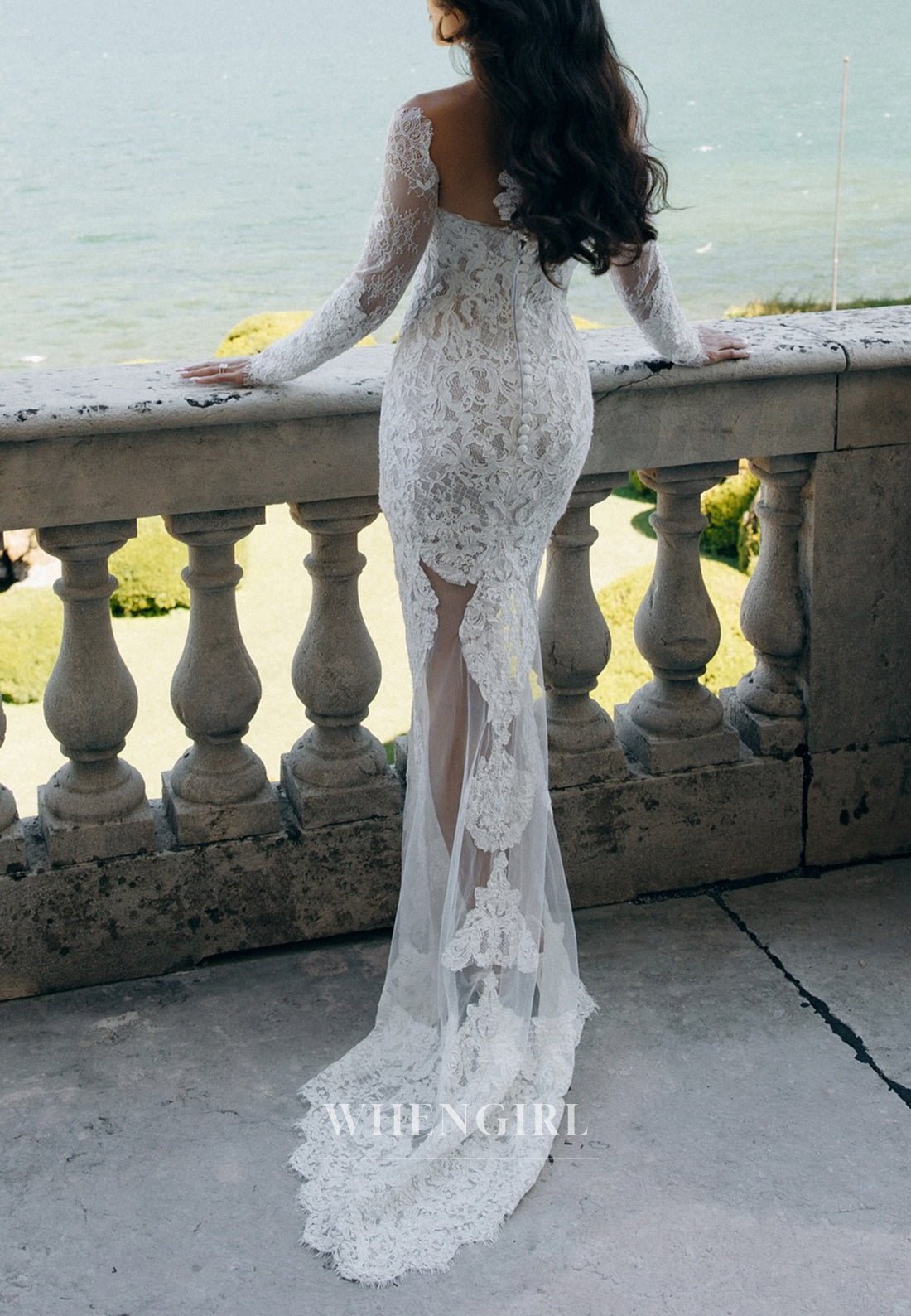 Sheath Bateau Neck Long Sleeves Appliqued Lace Wedding Dress with Sweep Train
