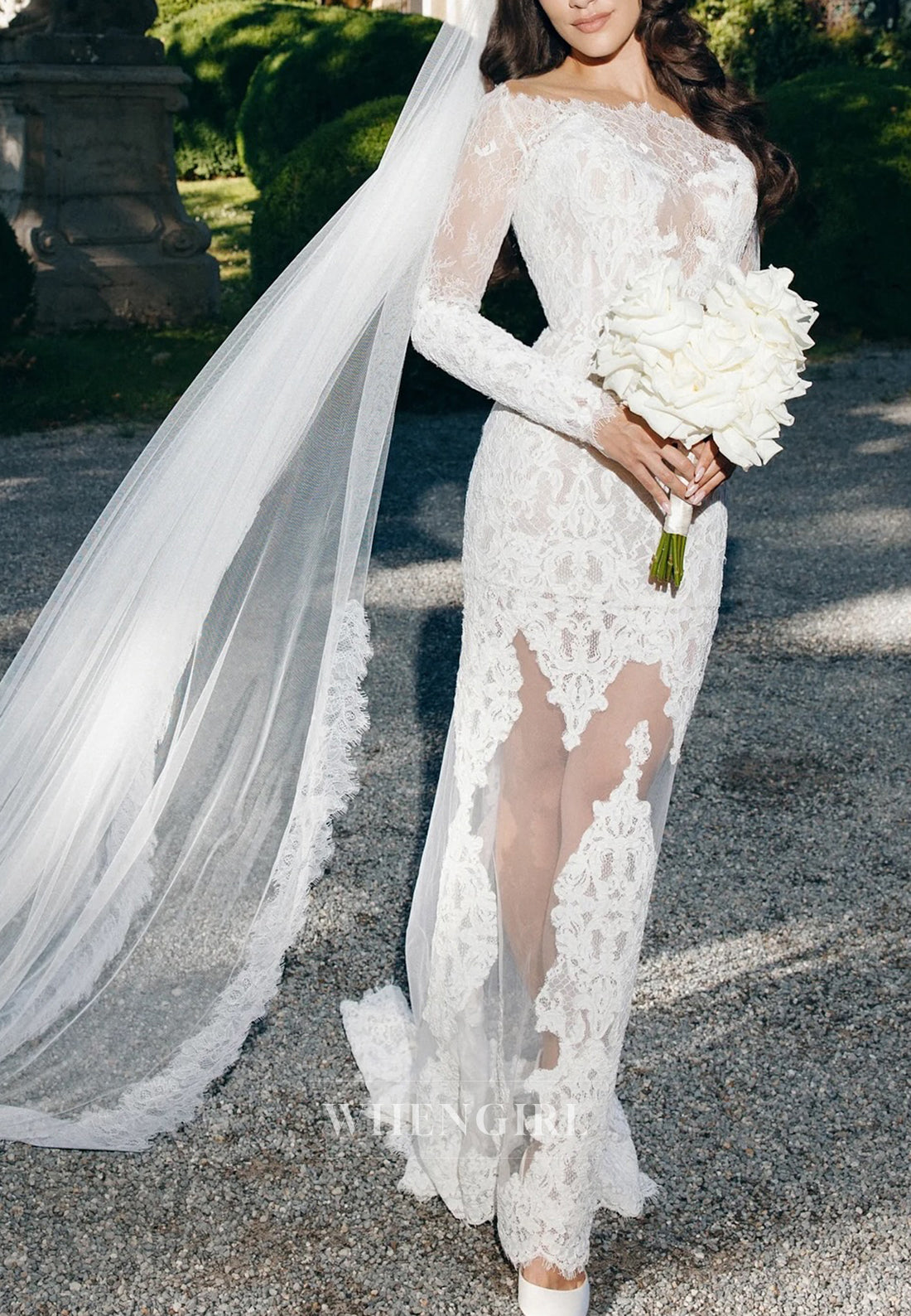 Sheath Bateau Neck Long Sleeves Appliqued Lace Wedding Dress with Sweep Train