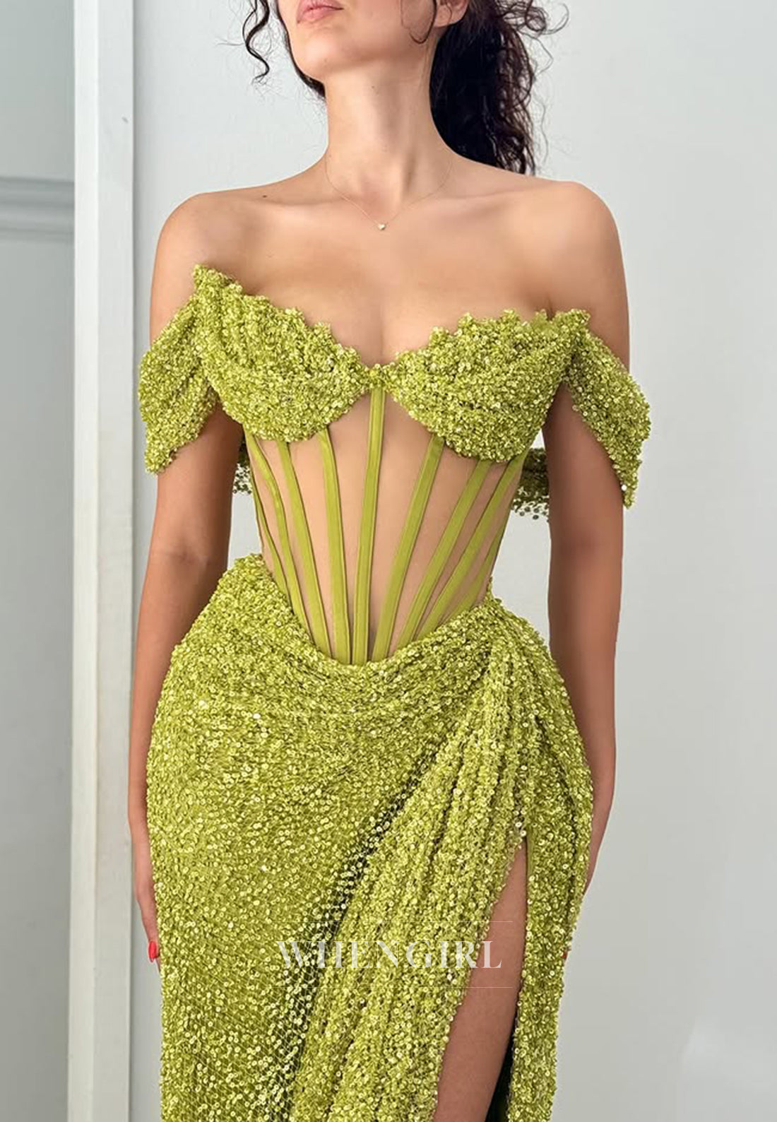 Chic Off-Shoulder Sheath Prom Dress Stripe Pleats Sequin Party Dress with High Slit