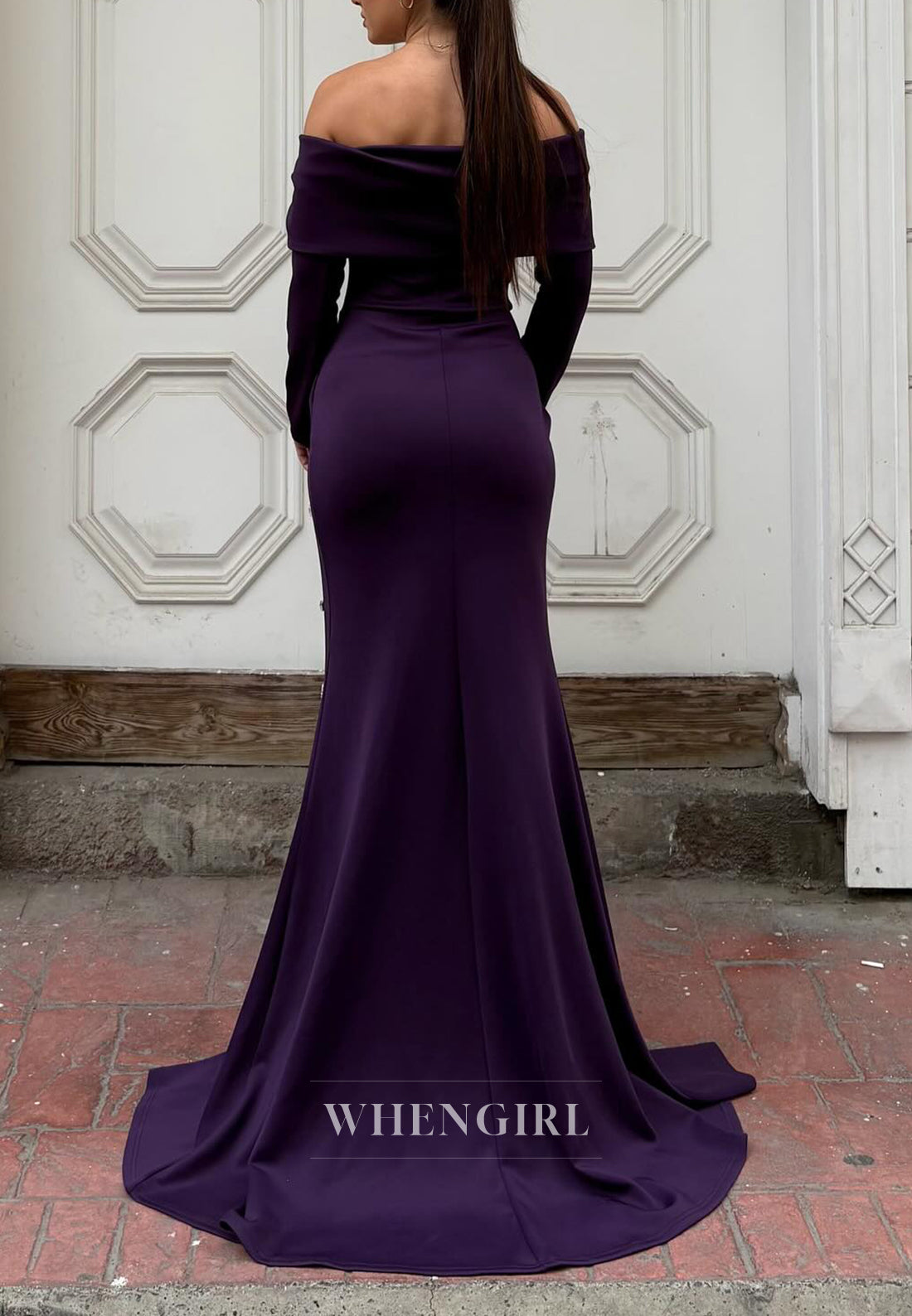 Mermaid Off Shoulder Long Sleeves Side Slit Beaded Evening Formal Gown