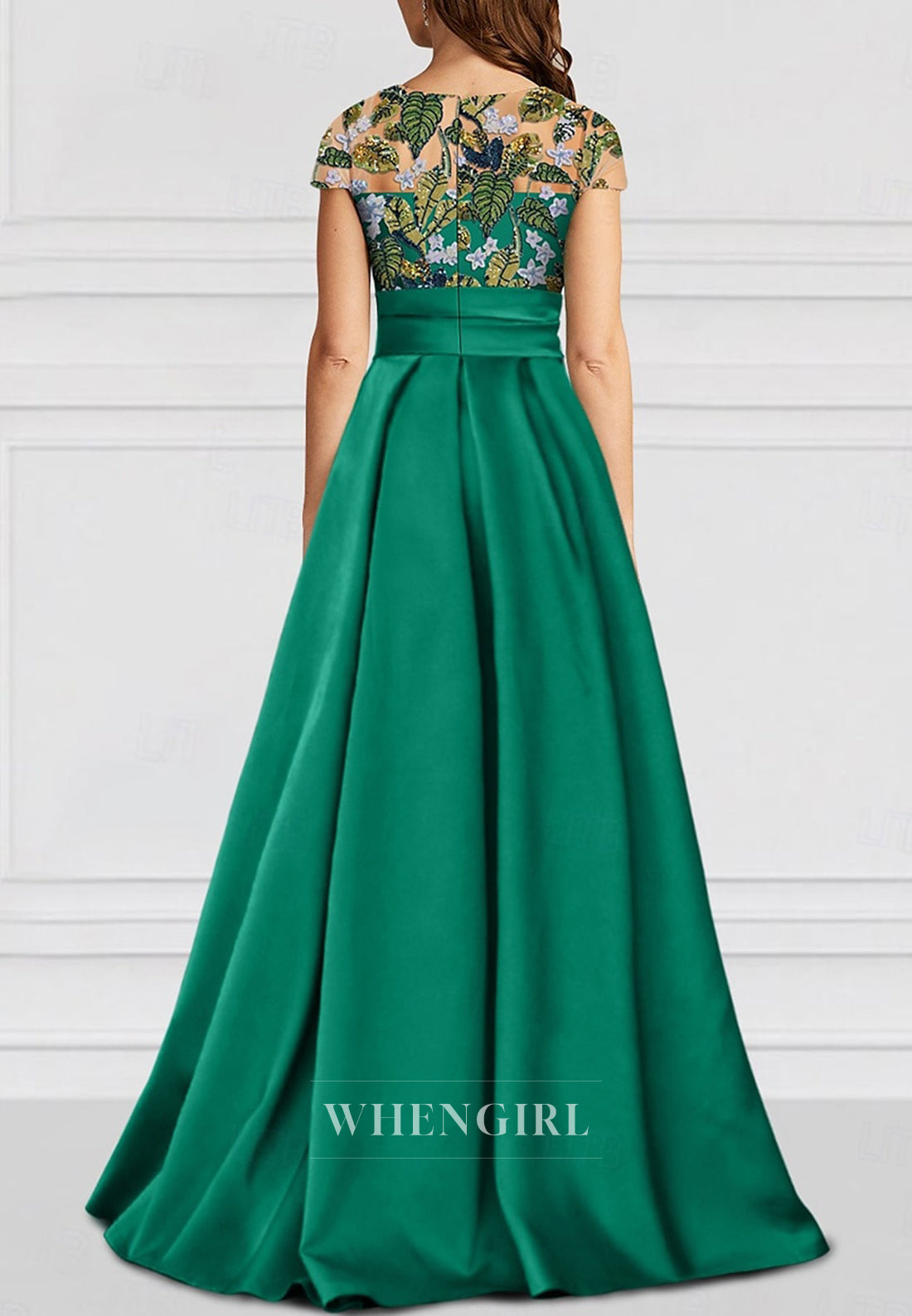 A-Line Bateau Neck Cap Sleeves Sequins Embroidery Side Slit Mother of the Bride Dress