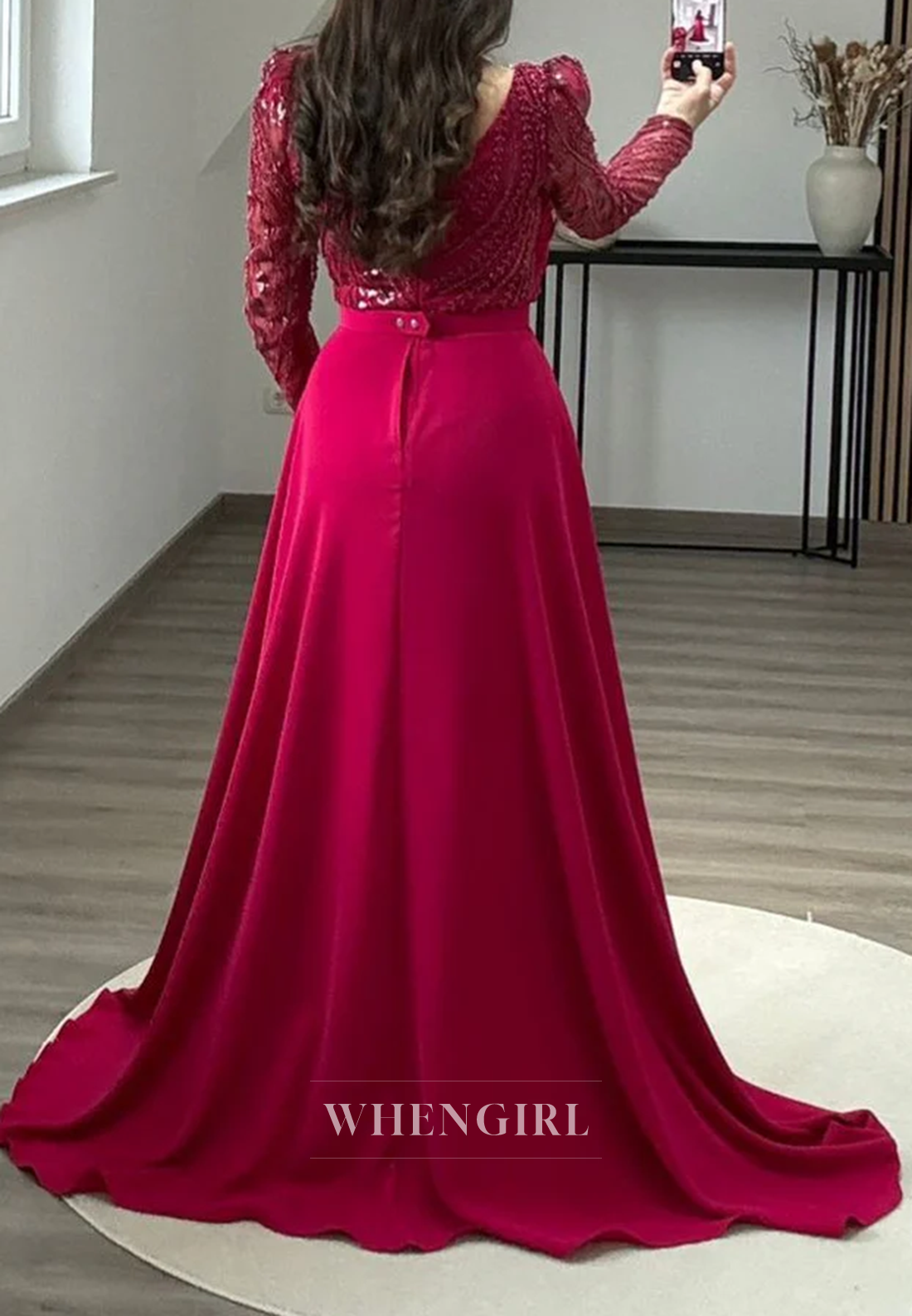 Asymmetrical Neck Long Beaded Sleeves Sheath Side Slit Sweep Train Formal Evening Dress
