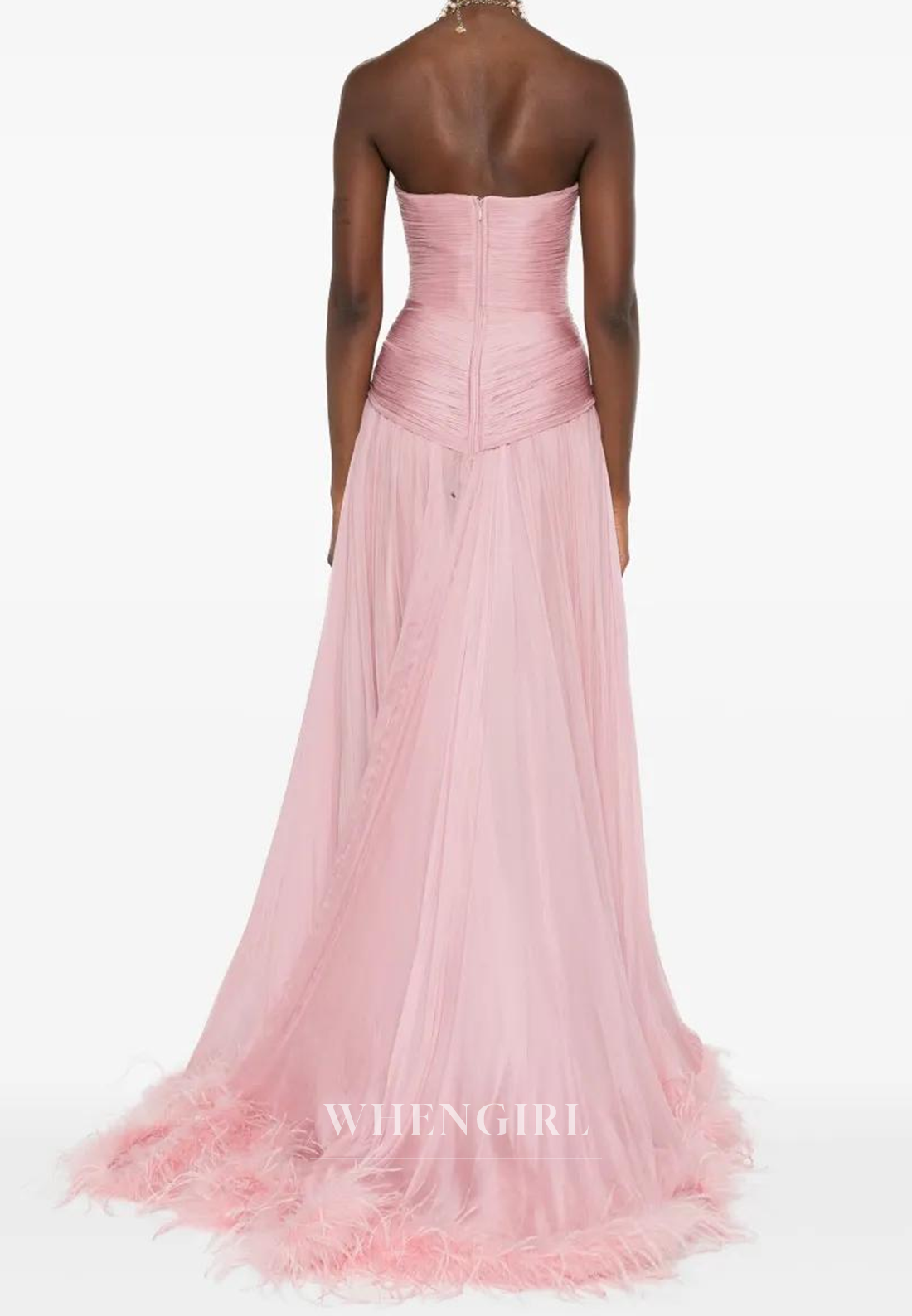Light Pink V Neck Sleeveless Pleated Back Zipper Feather A-Line Formal Evening Gown