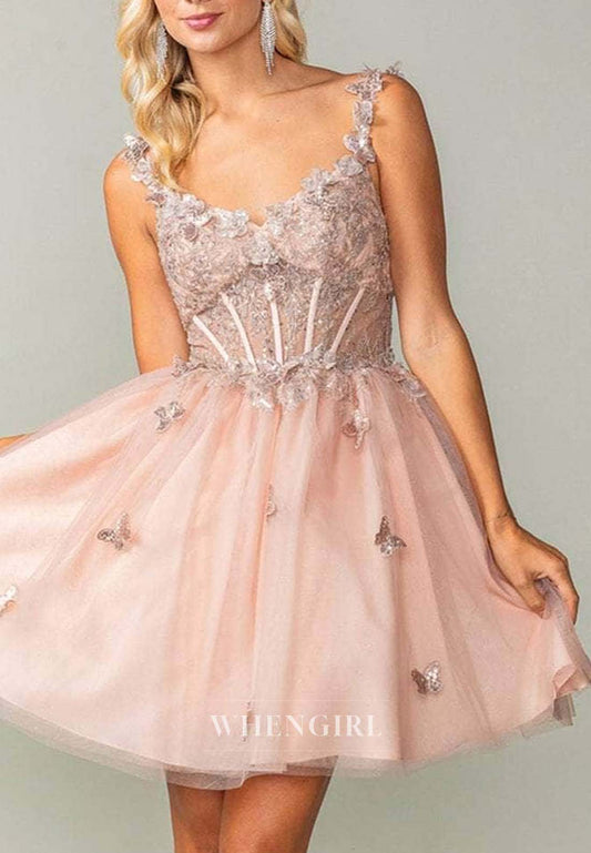 A-Line V Neck Sleeveless Appliqued Butterfly Tulle Short Homecoming Dress
