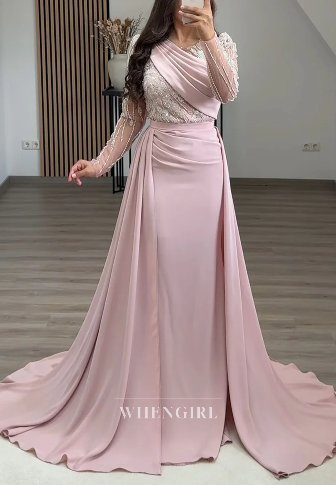 V Neck Pleated Long Sleeves Beaded Sheath Formal Evening Gown with Sweep Train