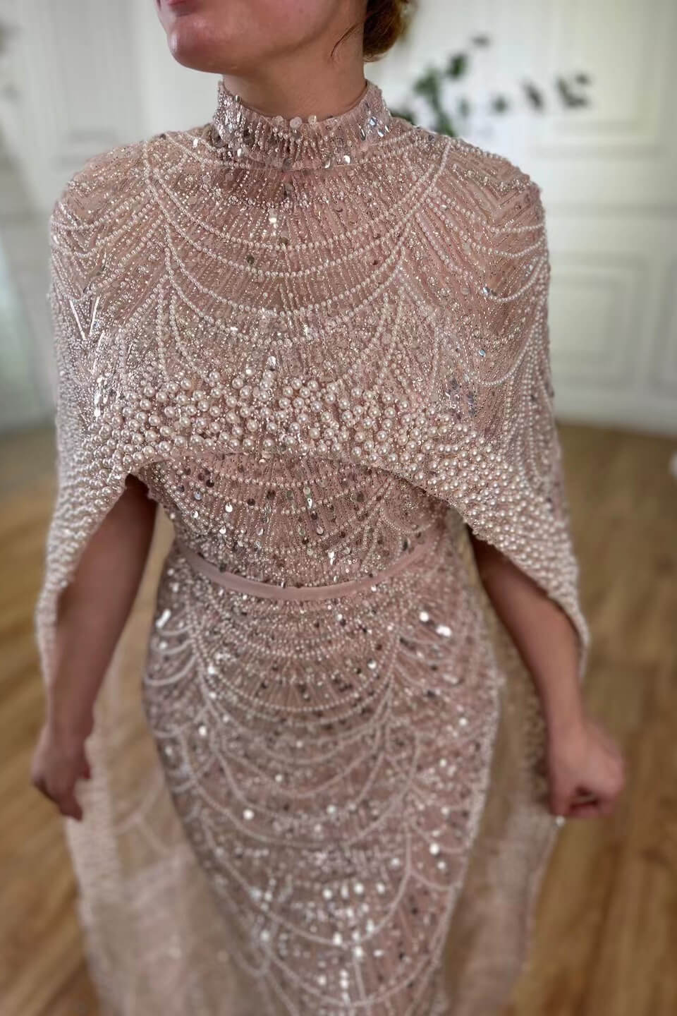 High Neck Sheath Pearls Prom Dresses With Cape Long Sequins Beads