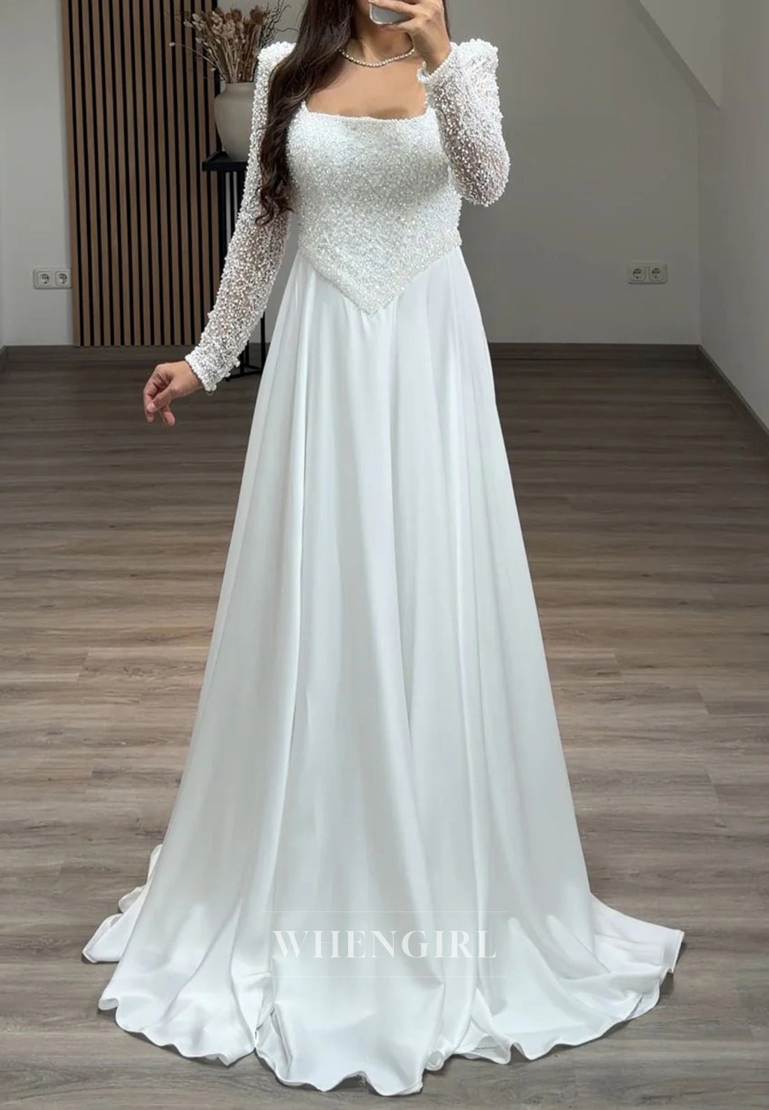 A-Line Beaded Square Neck Long Sleeves Long Formal Evening Dress