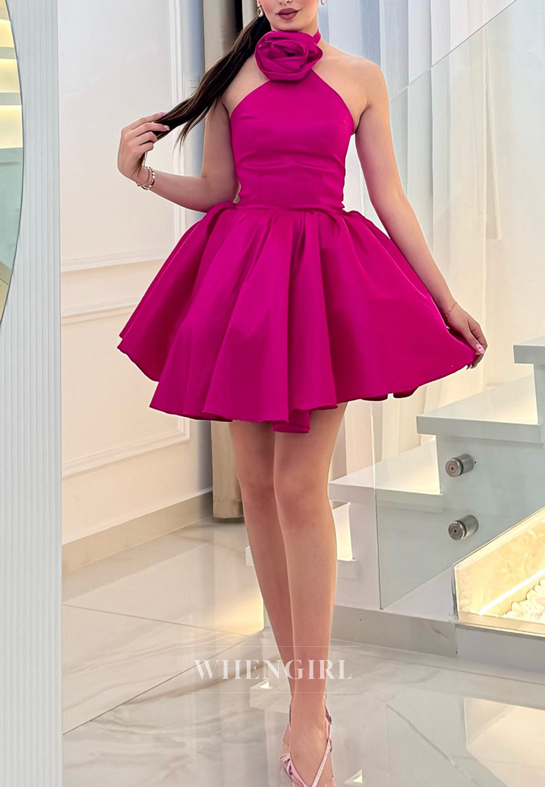 Fuchsia Sleeveless Halter 3D Flowers A-Line Short Homecoming Dress