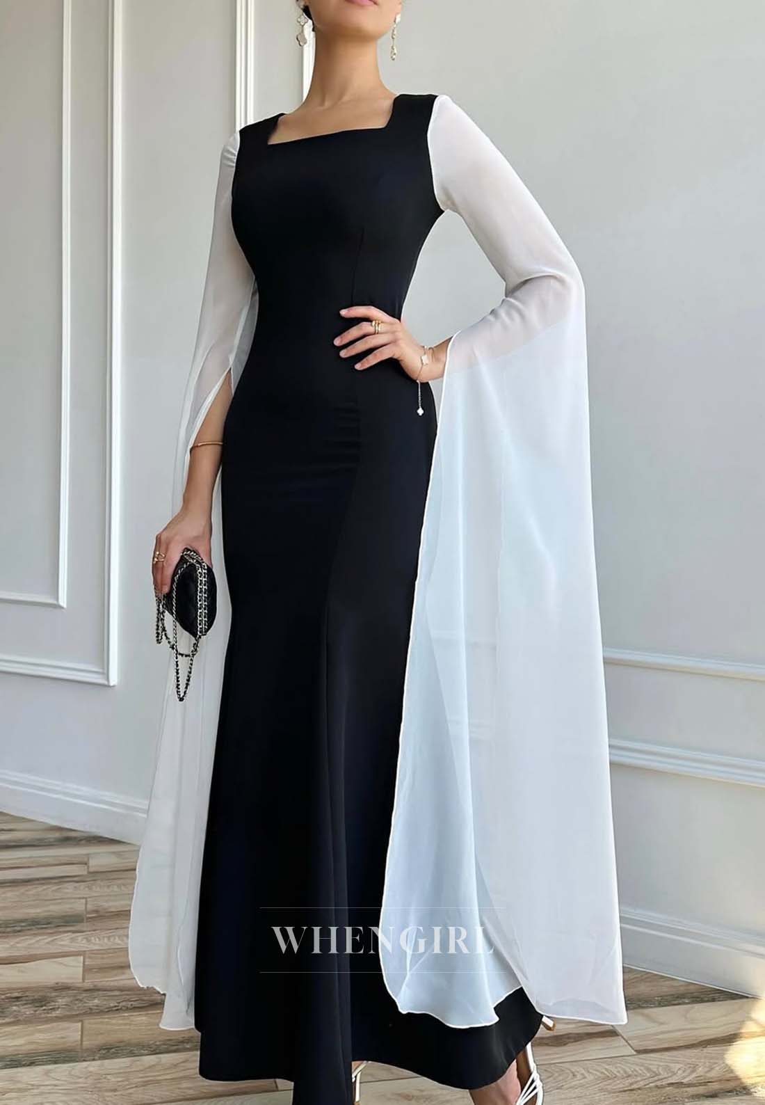 Black and White Square Neck Long Sleeves Sheath Long Formal Evening Dress