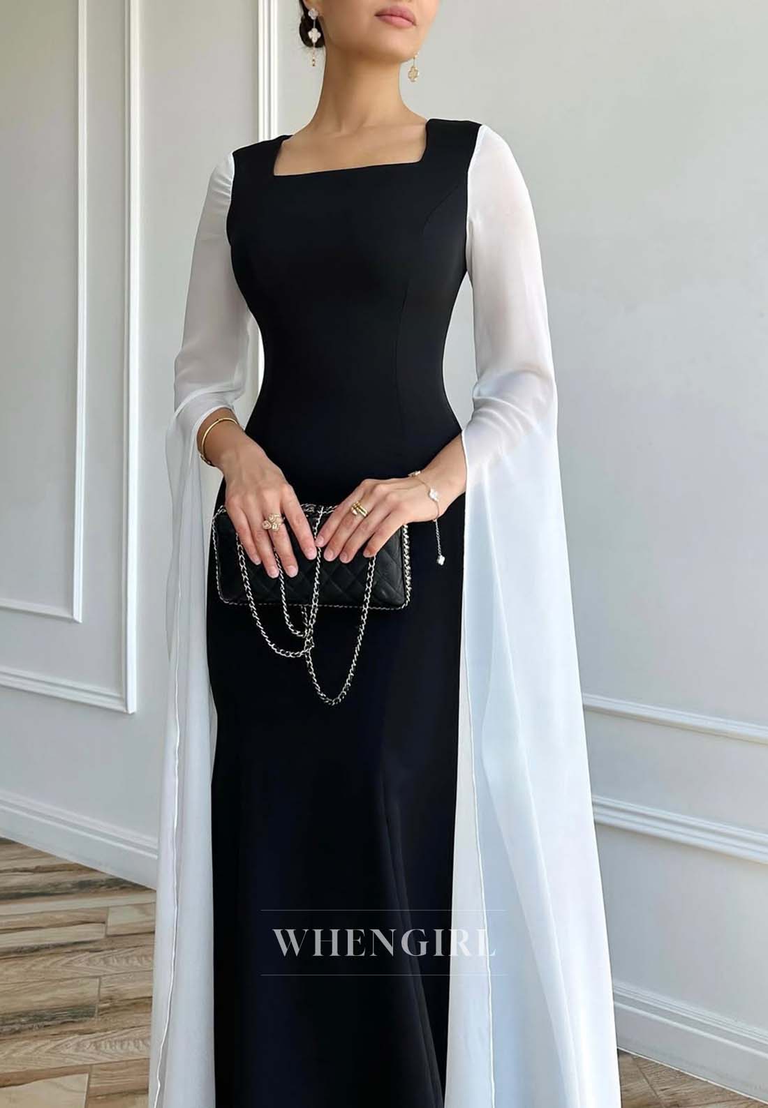 Black and White Square Neck Long Sleeves Sheath Long Formal Evening Dress