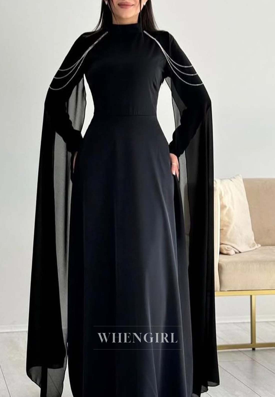 High Neck Long Sleeves Formal Gown Floor Length Lace Up Sheath Evening Dress