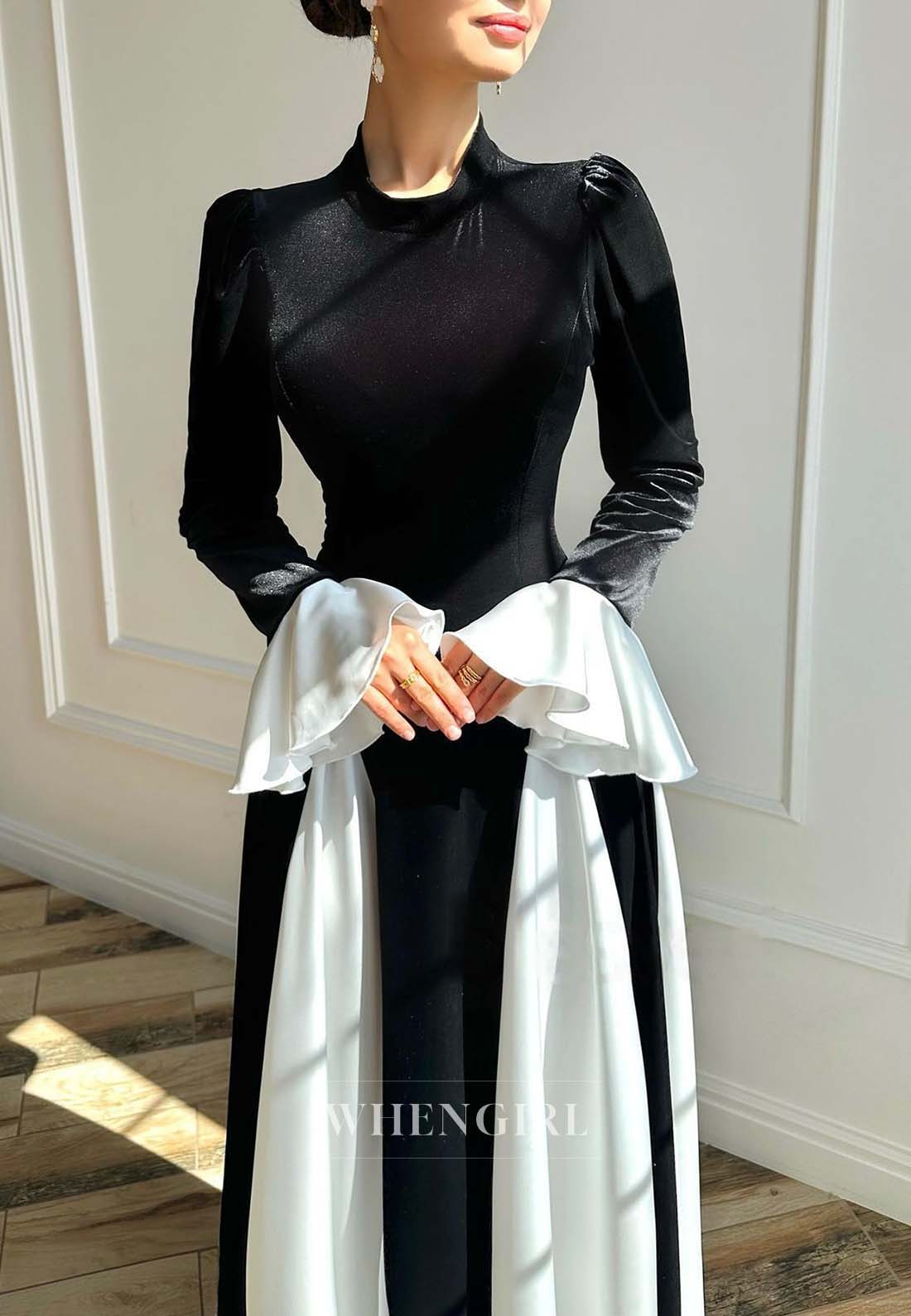 High Neck Long Sleeves A-Line Formal Dress Black and White Velvet Evening Gown