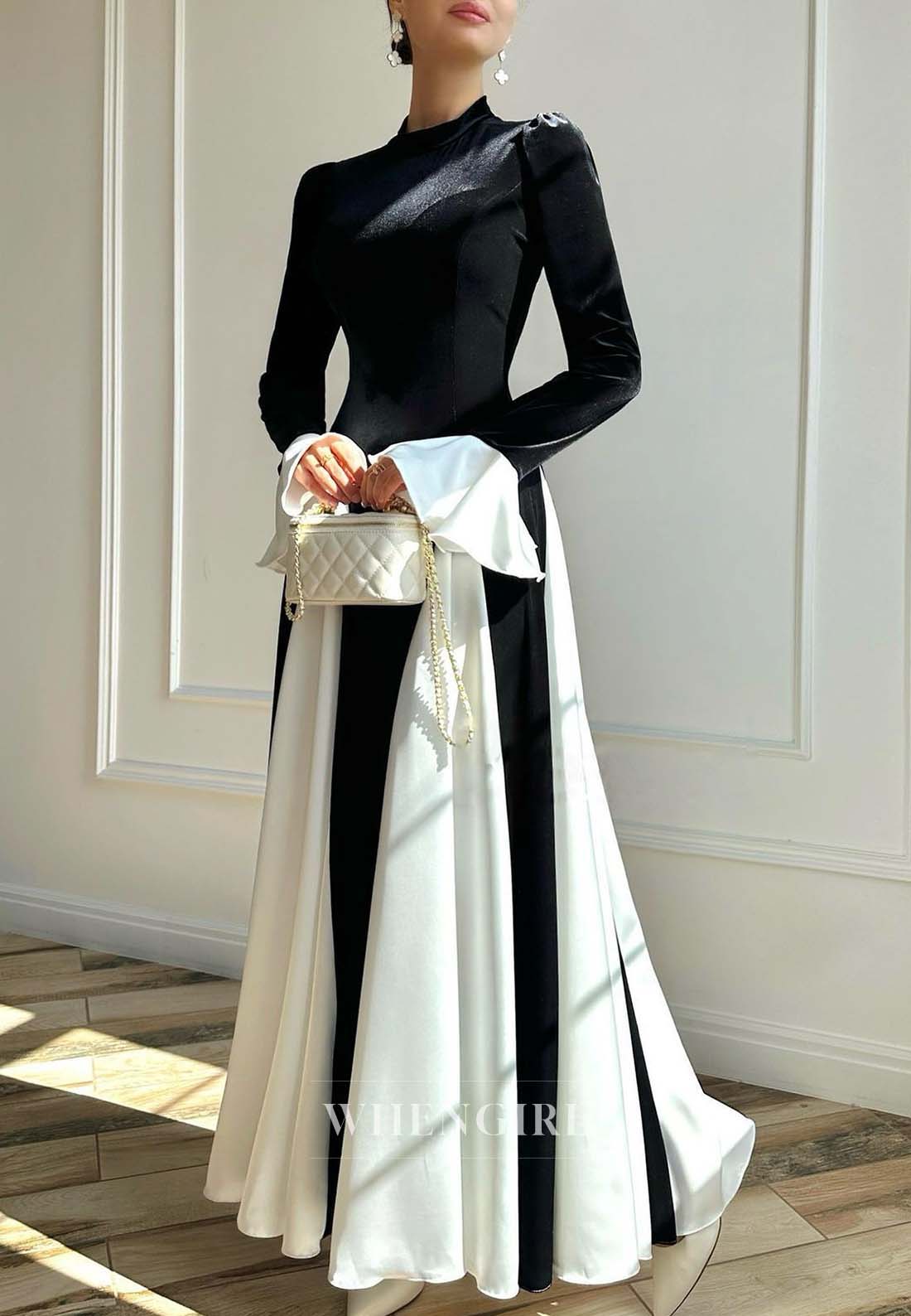 High Neck Long Sleeves A-Line Formal Dress Black and White Velvet Evening Gown