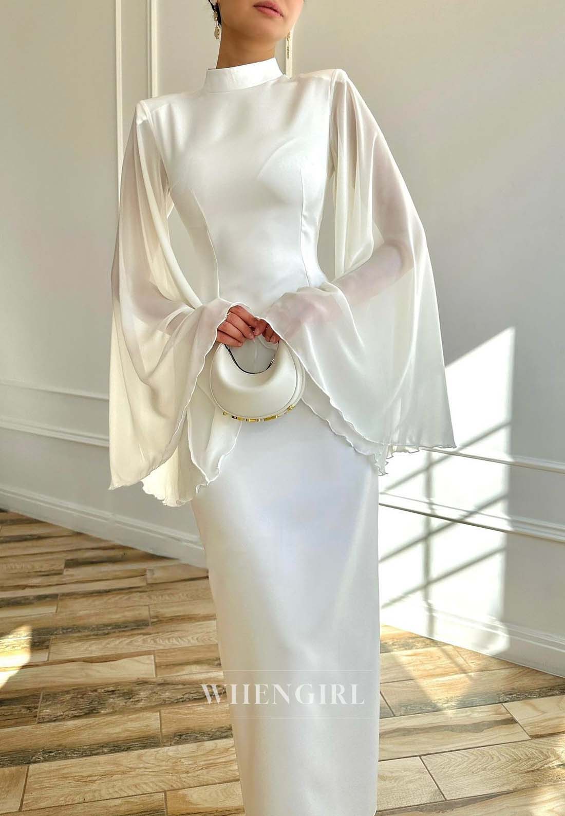 Ivory High Neck Long Sleeves Evening Dress Tea Length Sheath Formal Gown