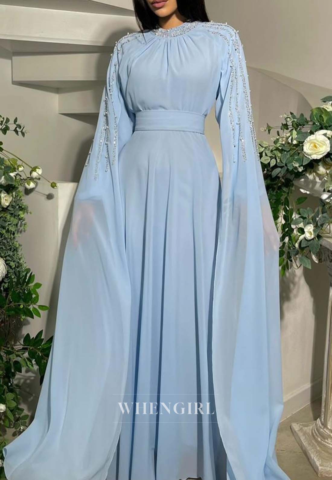A-Line Bateau Neck Beaded Long Sleeves Formal Dress Pleated Chiffon Floor Length Evening Gown