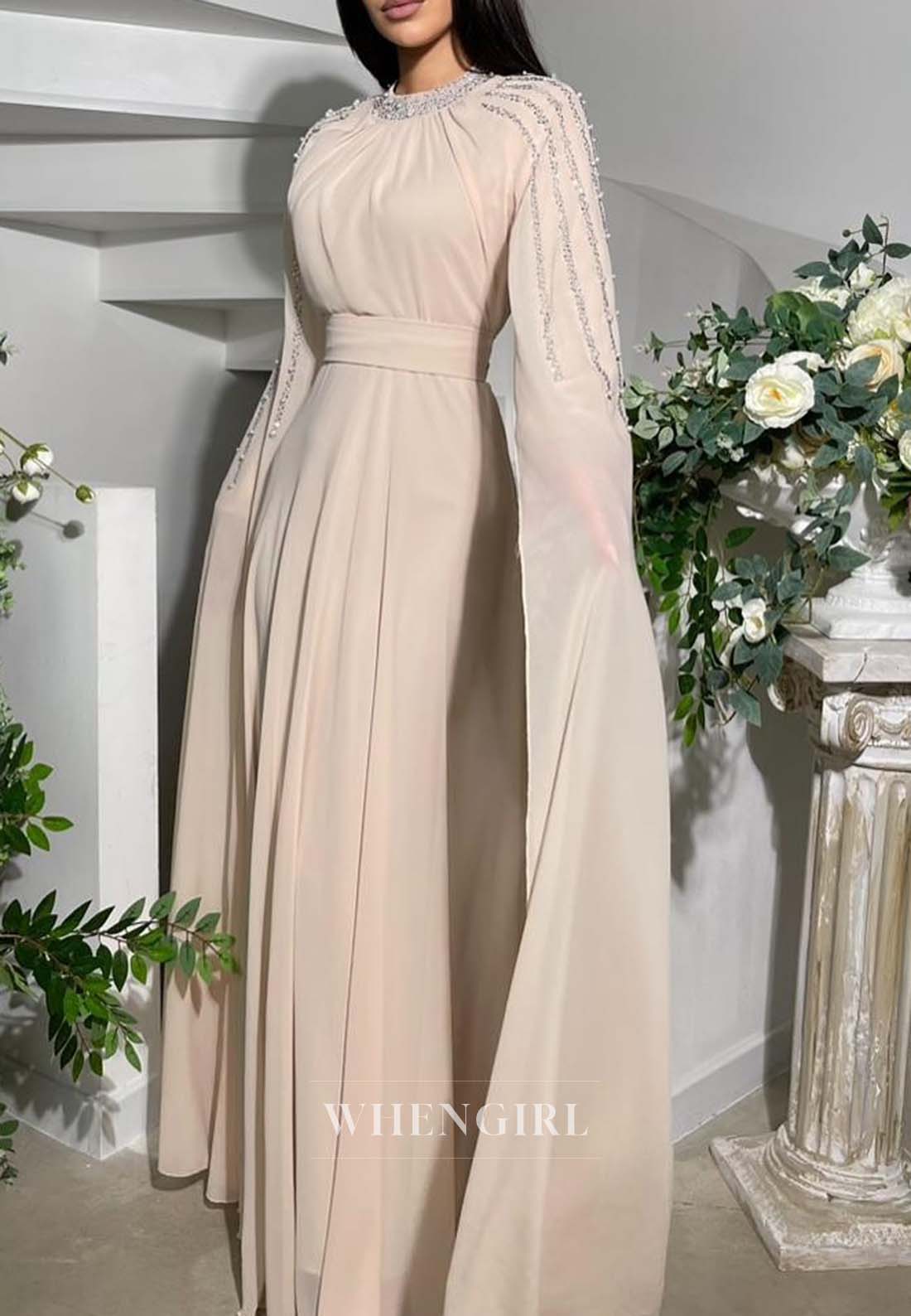 A-Line Bateau Neck Beaded Long Sleeves Formal Dress Pleated Chiffon Floor Length Evening Gown